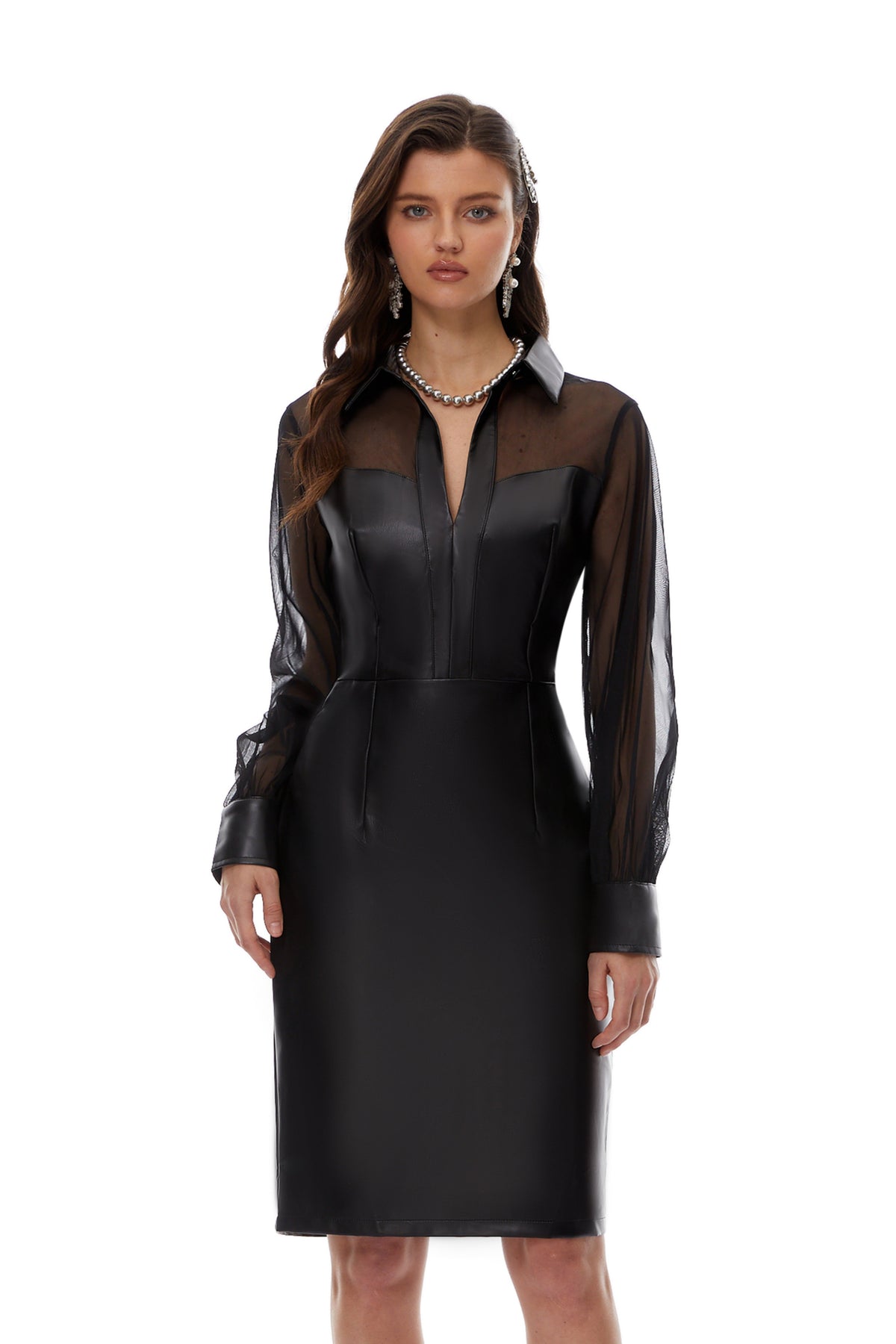 Inger Black Leather Midi Dress with Tulle Panels