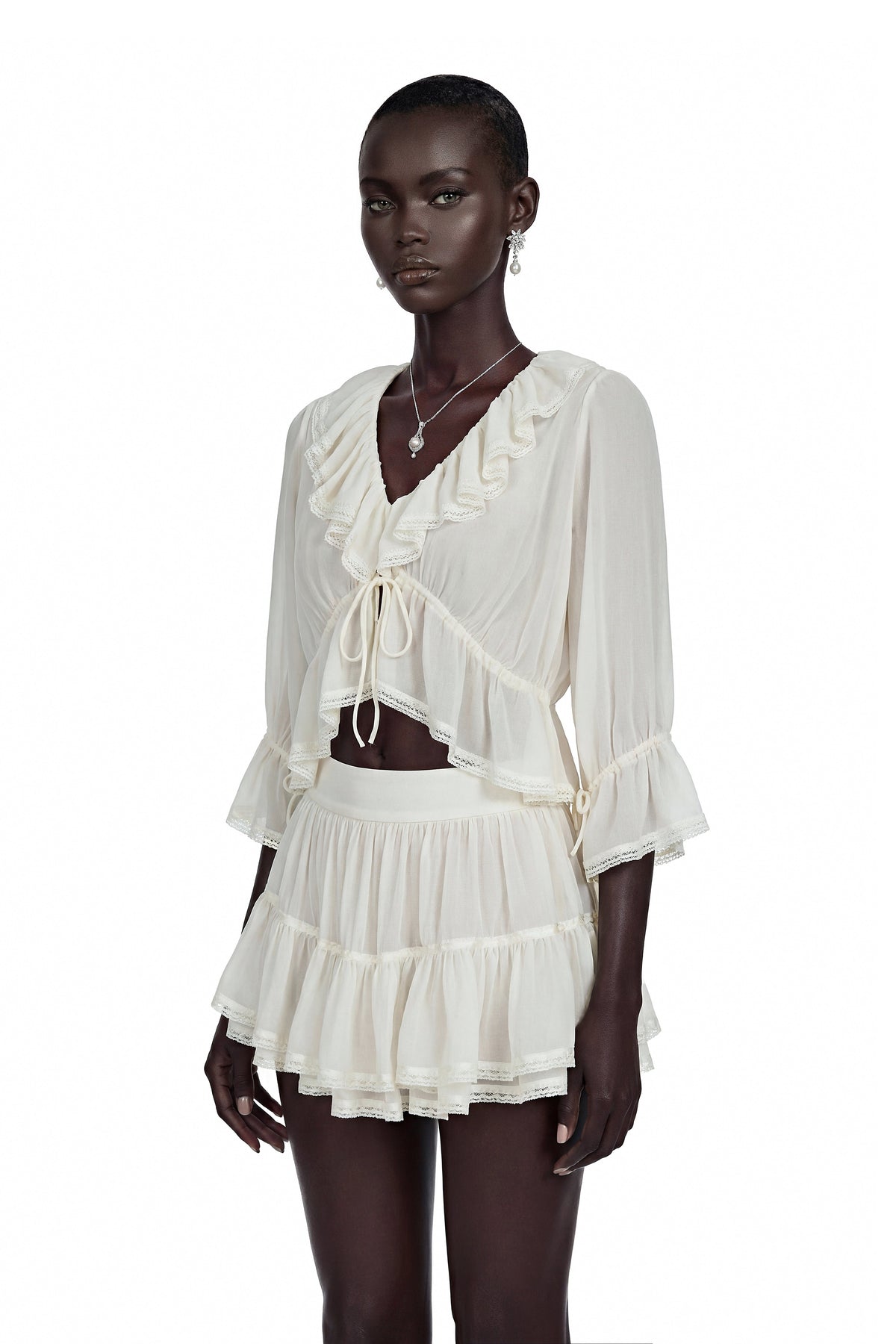 Isabelle White V-Neck Ruffled Crop Top