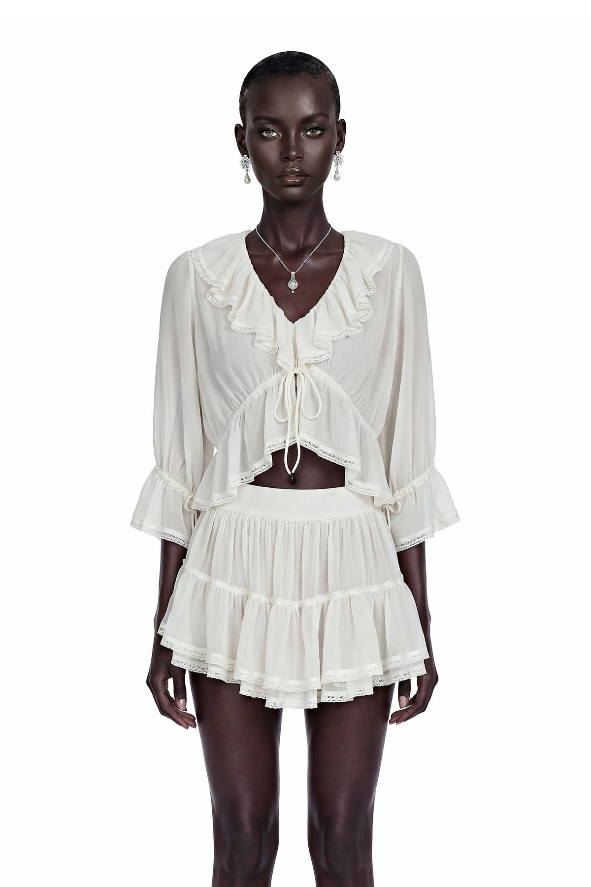 Isabelle White V-Neck Ruffled Crop Top