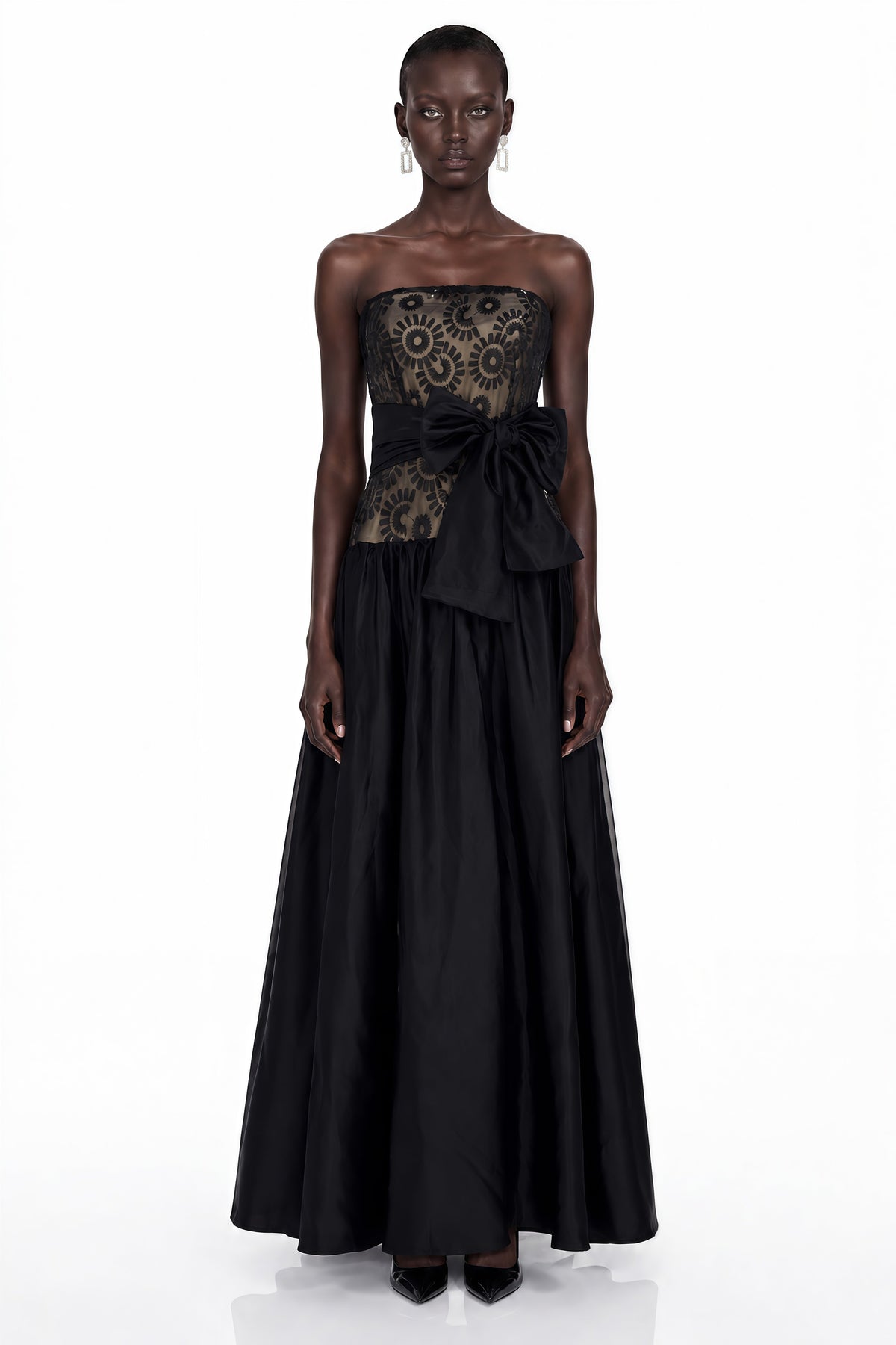 Isadora Black Geometric Print Off Shoulder Maxi Dress with Bow