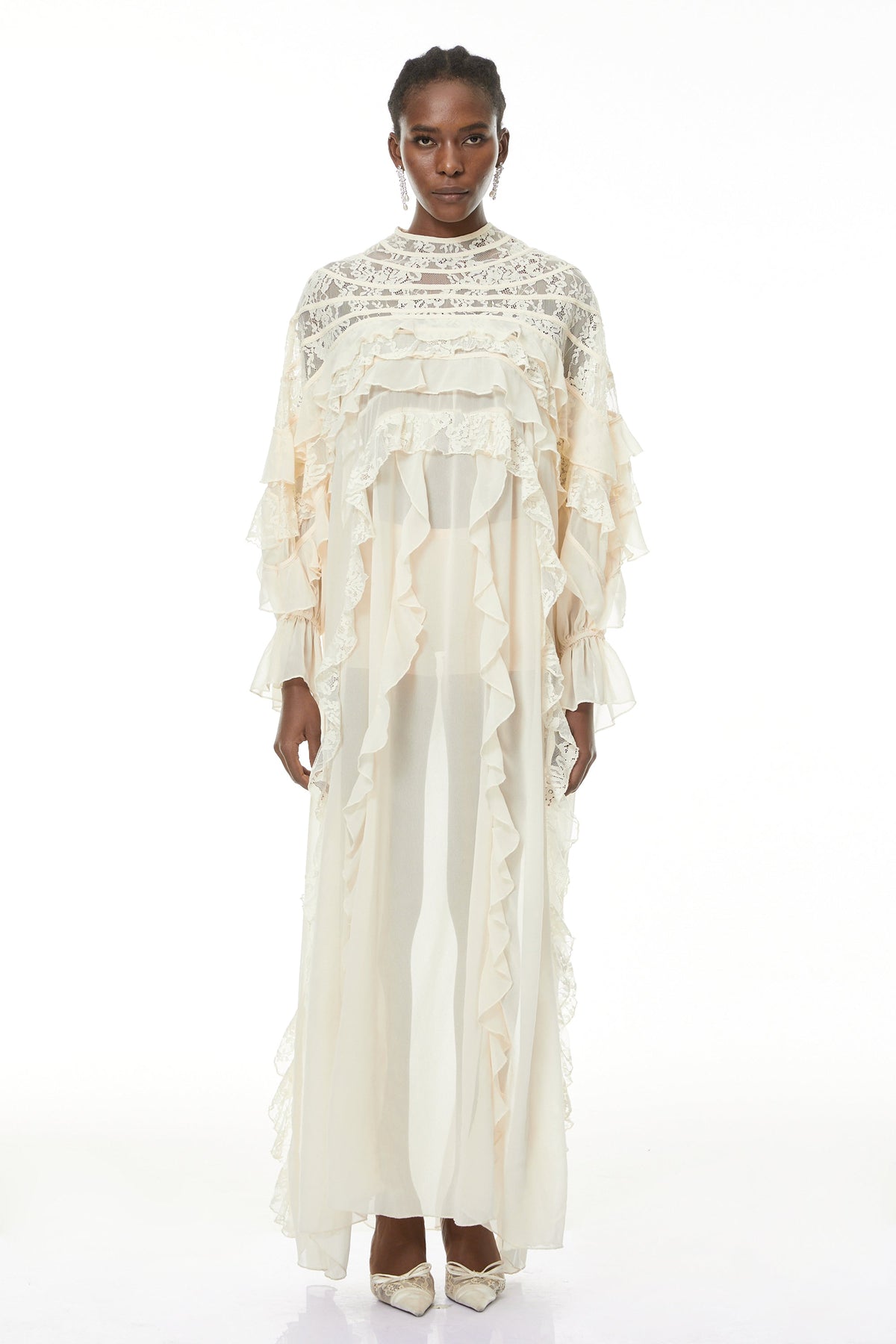 Ivana Neutrals Lace Ruched Maxi Dress