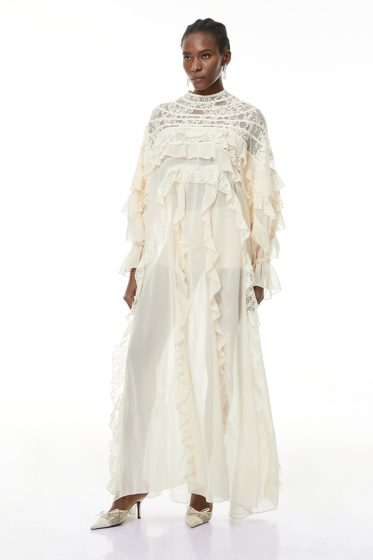 Ivana Neutrals Lace Ruched Maxi Dress