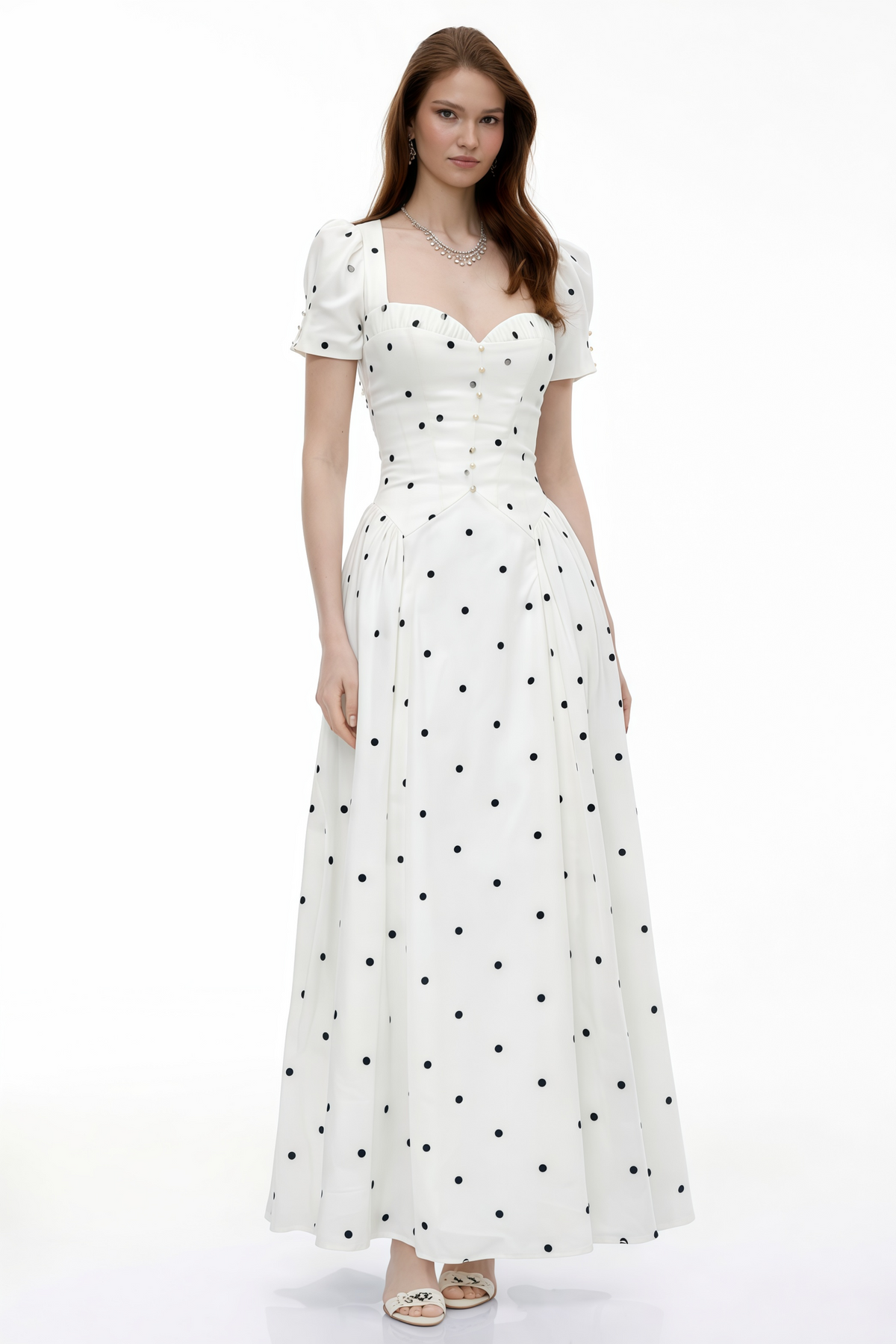 Javaneh White Polka Dot Maxi Dress