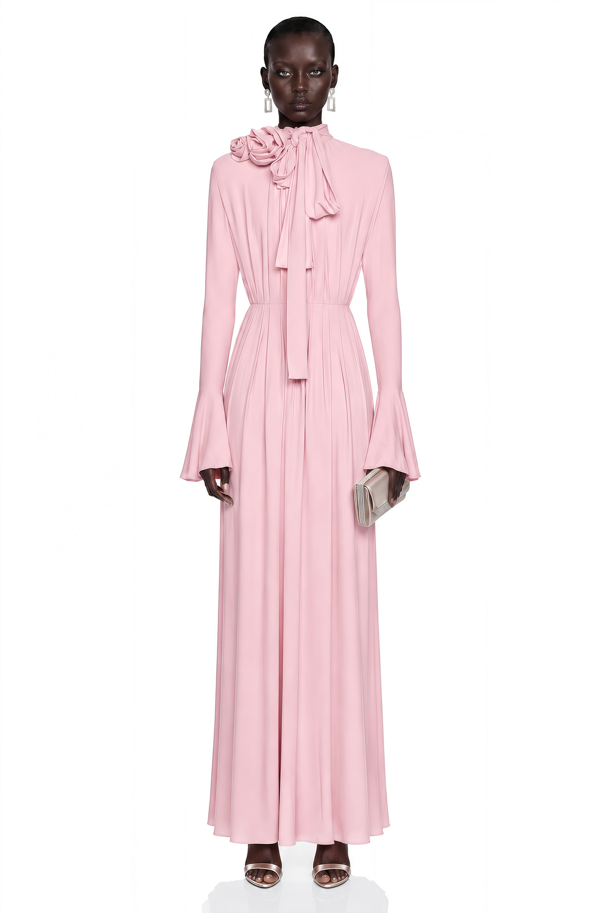 Jocelinda Pink Ruched Maxi Dress with 3D Florals