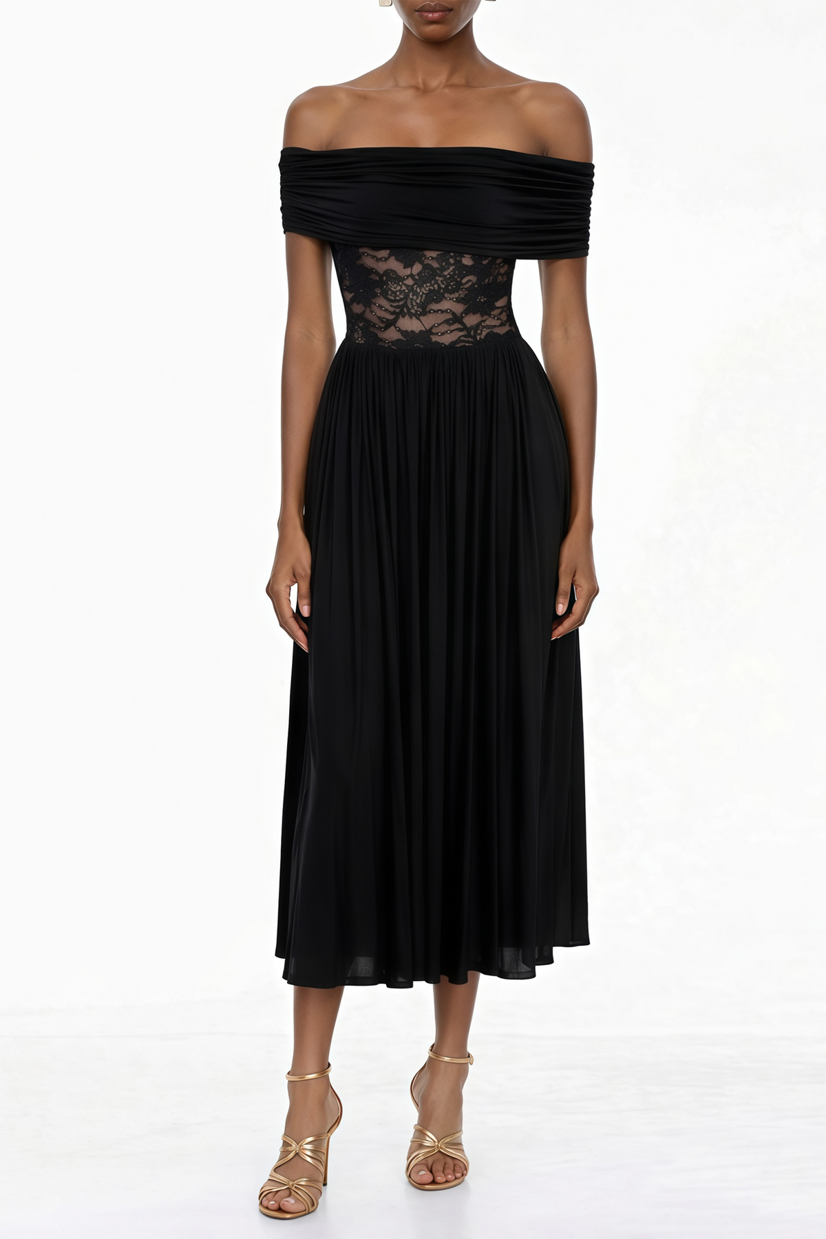 Joelle Black Lace Panel Pleated Maxi Dress