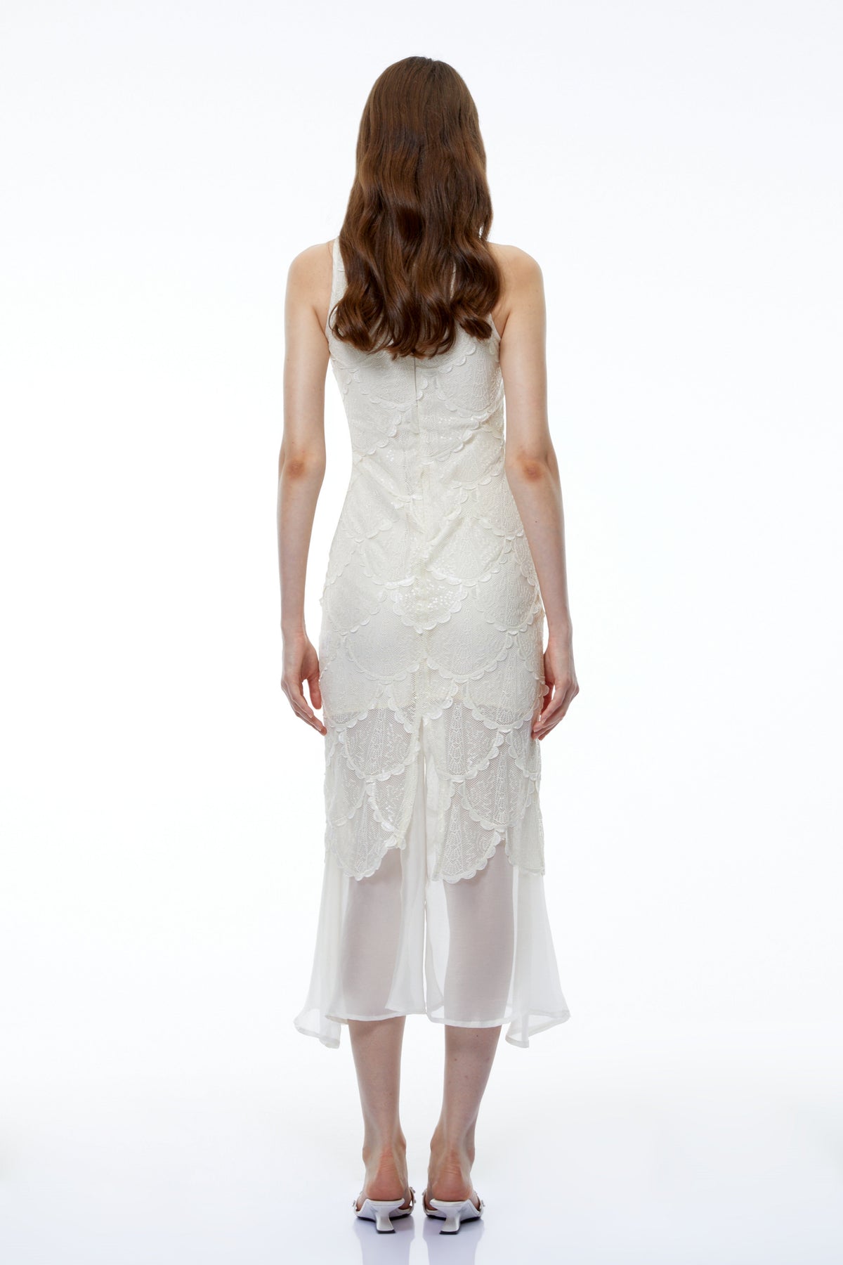 Kali White Scalloped Lace Midi Dress