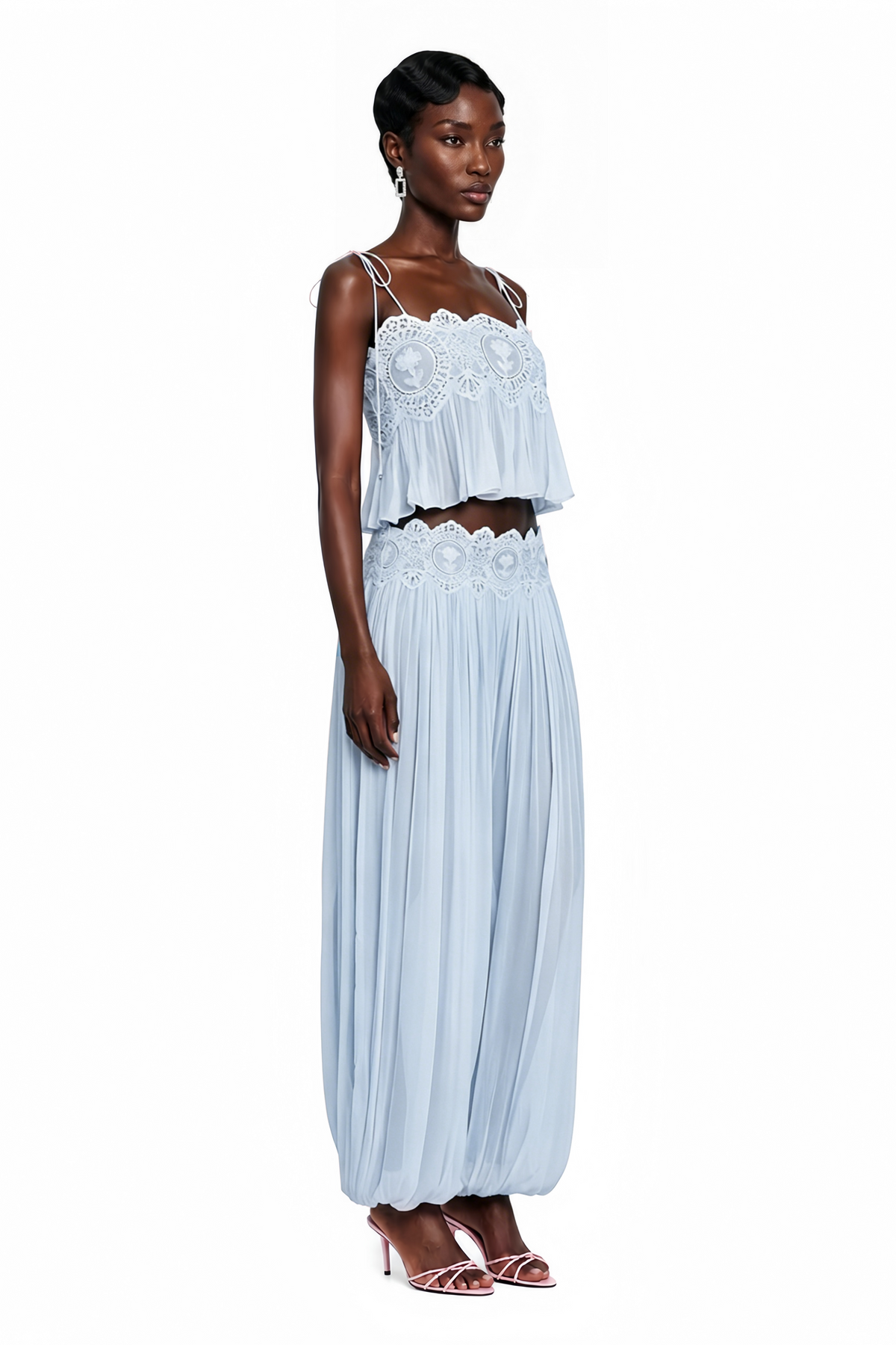 Kamila Blue Lace Trim Ruched Top & Trouser Set