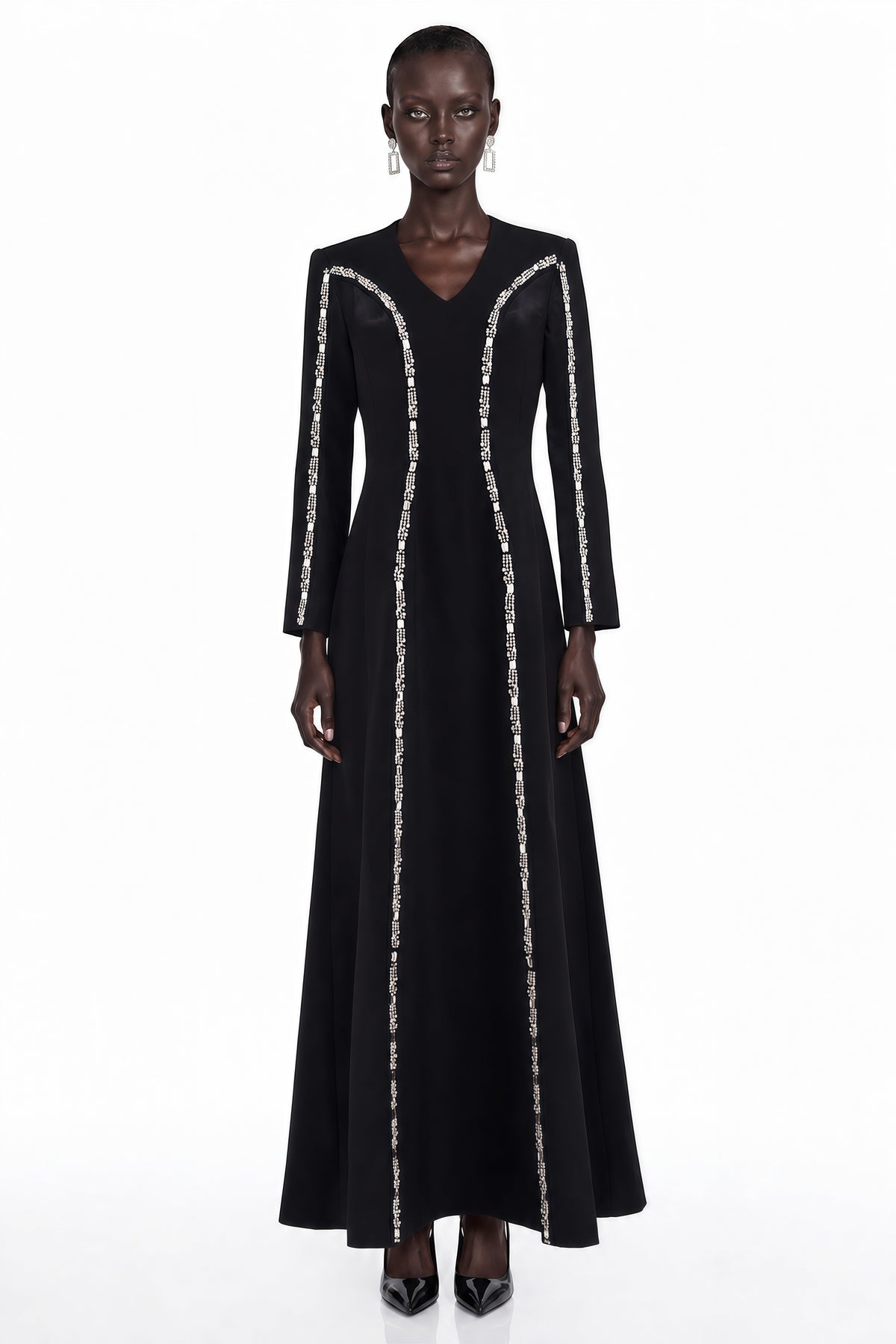 Karamea Black Rhinestone V-Neck Maxi Dress