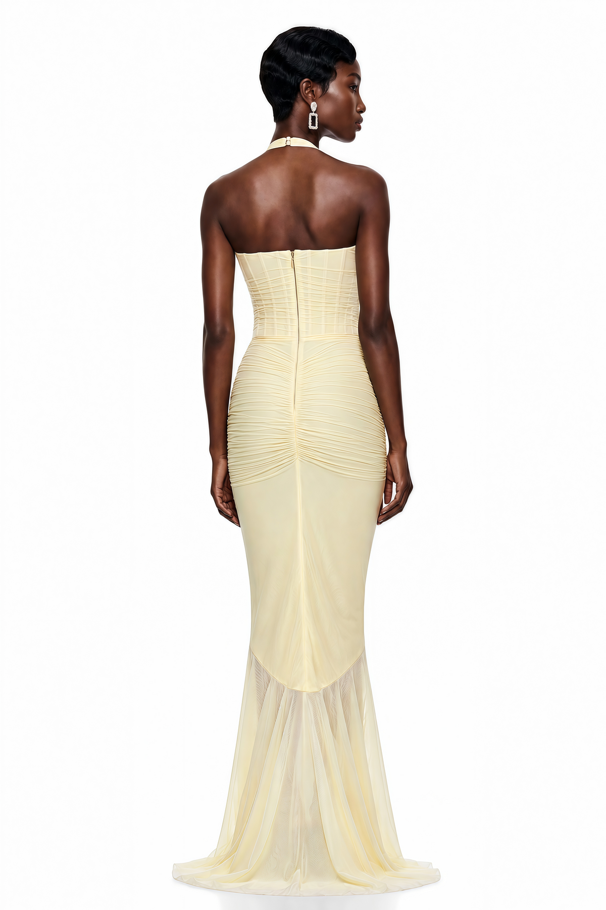Katarina Butter Yellow Halterneck Ruched Maxi Dress