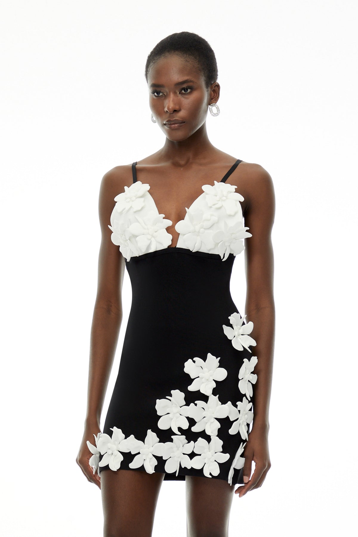 Kate Black Mini Dress with Spaghetti Straps and 3D Petals