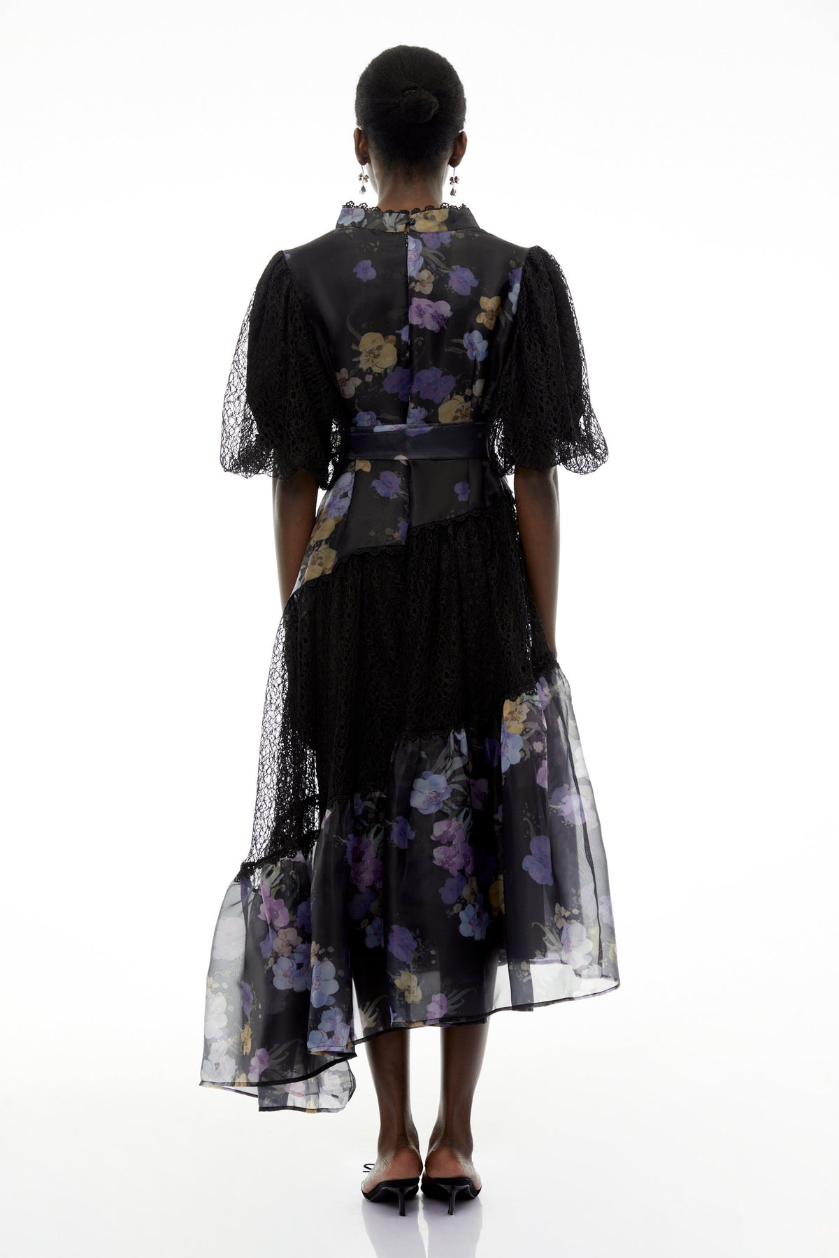 Kelsey Black Puff Sleeve Midi Dress with Floral Applique