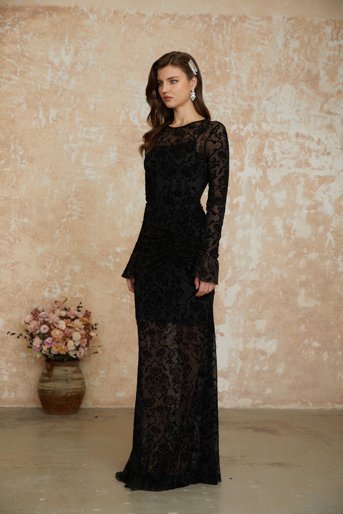Kismet Black Flocked Floral Ruched Maxi Dress (Final Sale-US Only)
