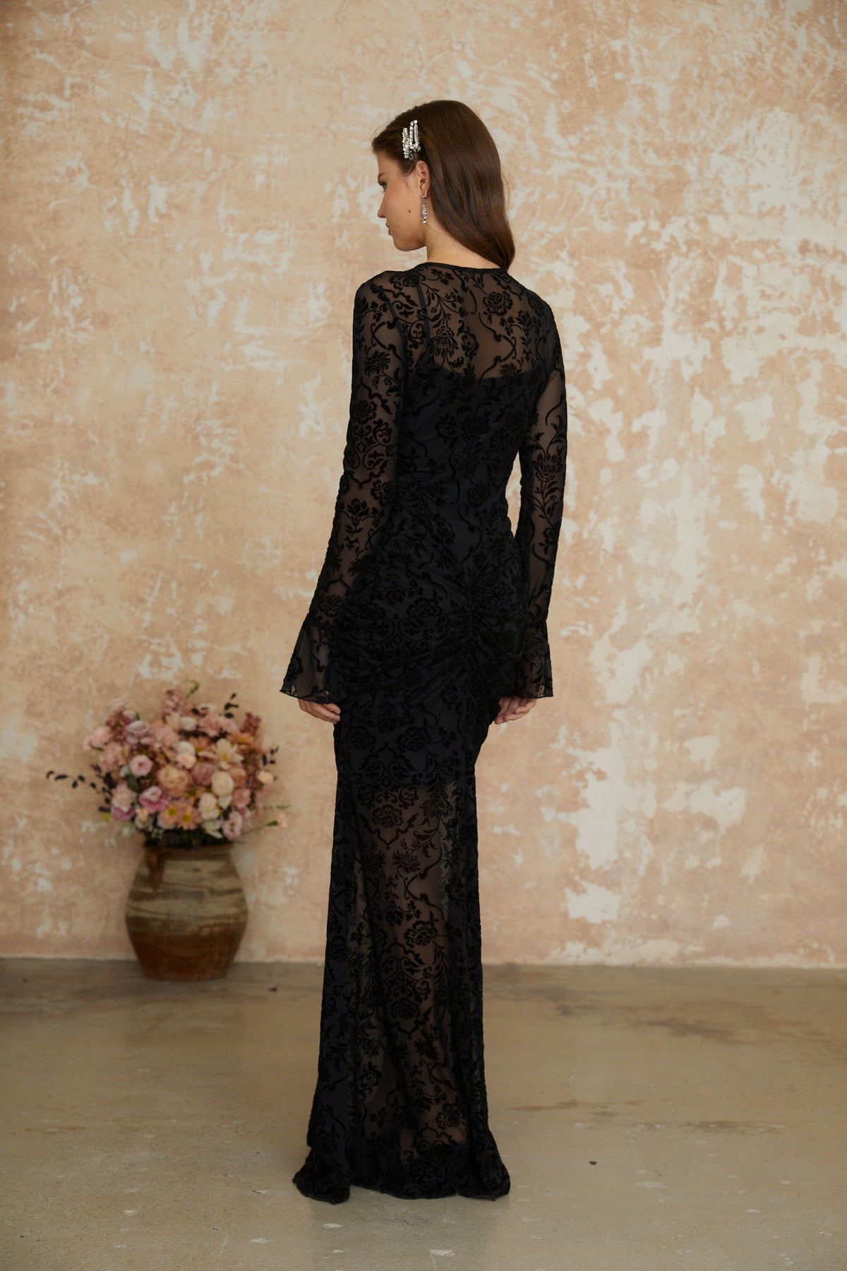 Kismet Black Flocked Floral Ruched Maxi Dress
