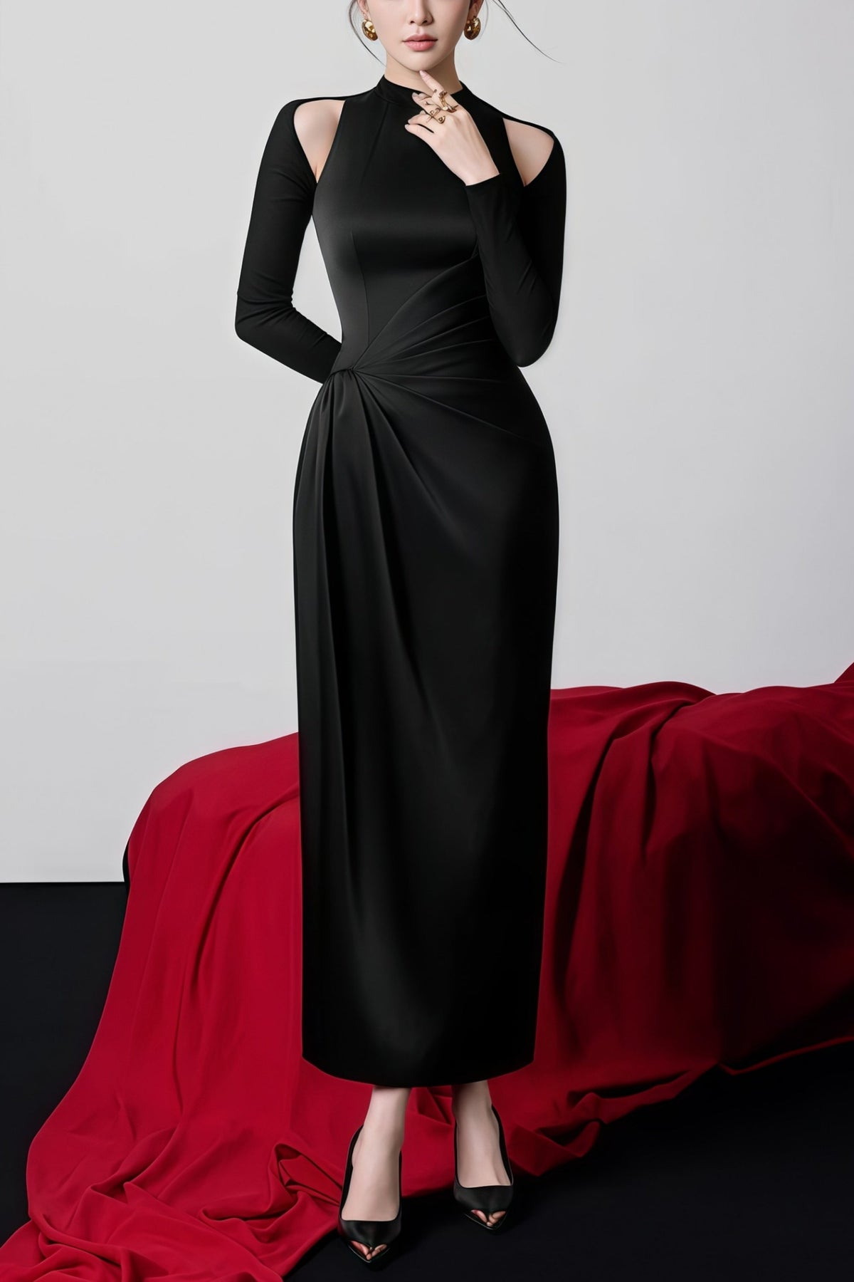 Krista Black Cold Shoulder Ruched Maxi Dress
