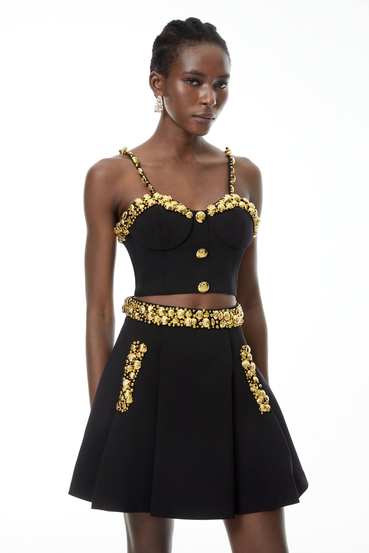 Kukka Black Top & Mini Skirt Set with Buttons