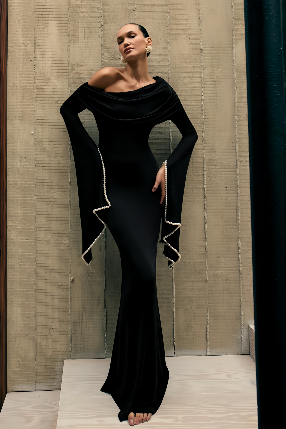 Simona Black One Shoulder Pearl Trim Maxi Gown (Final Sale)