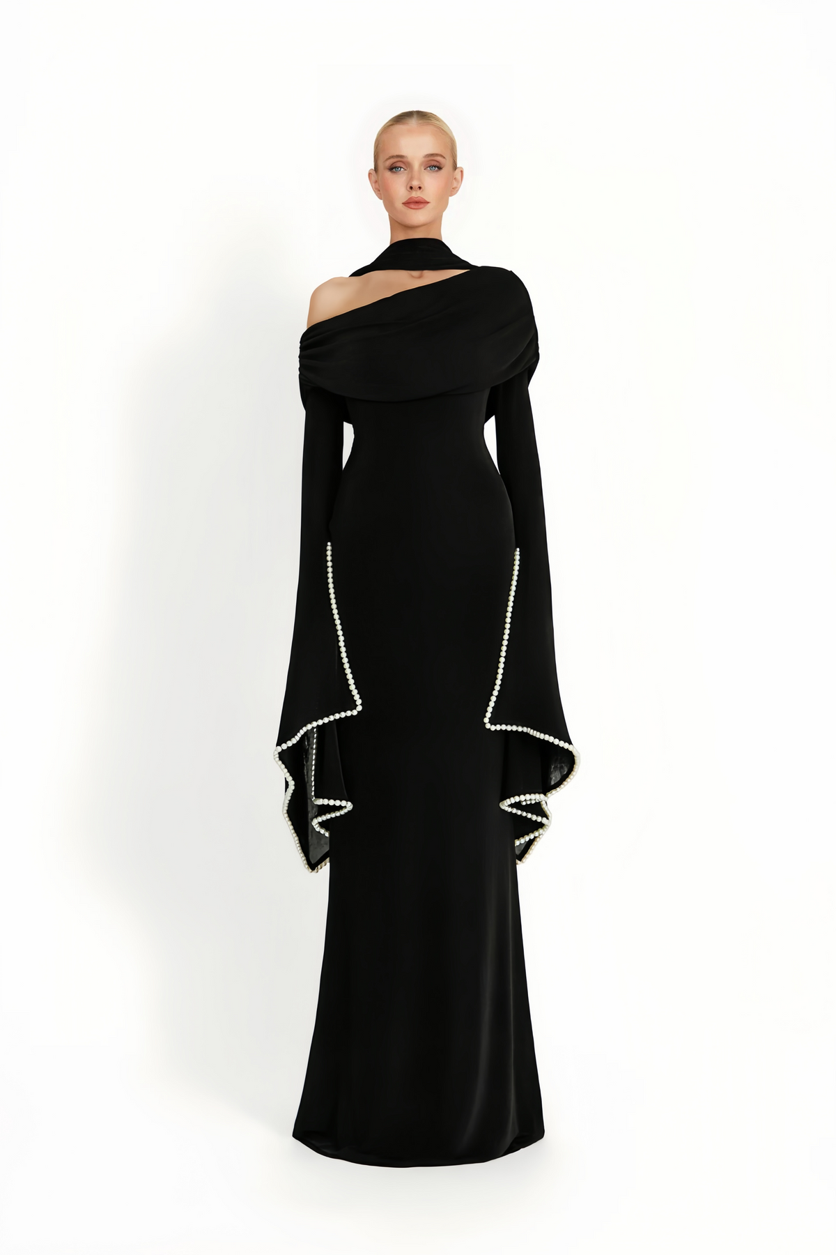 Simona Black One Shoulder Pearl Trim Maxi Gown