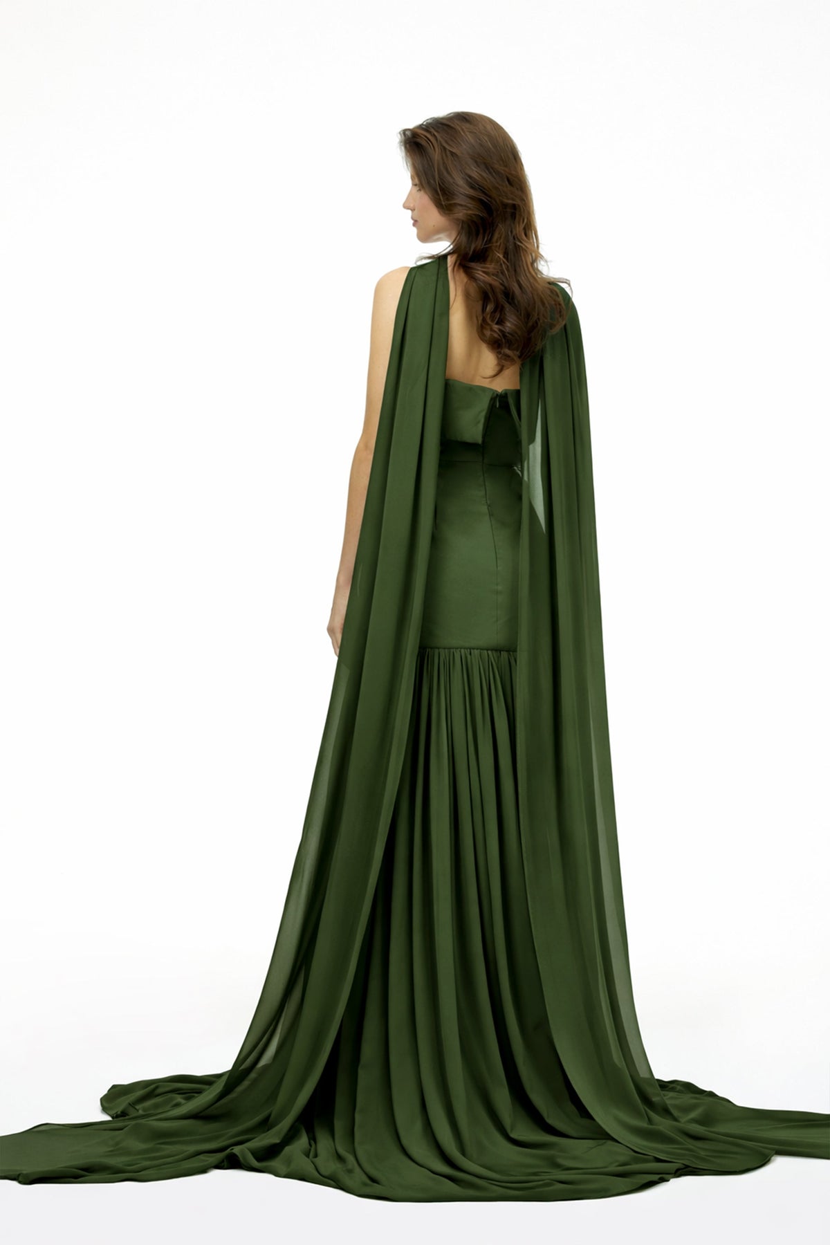 Laetitia Green Pleated Train Ruched Maxi Dress
