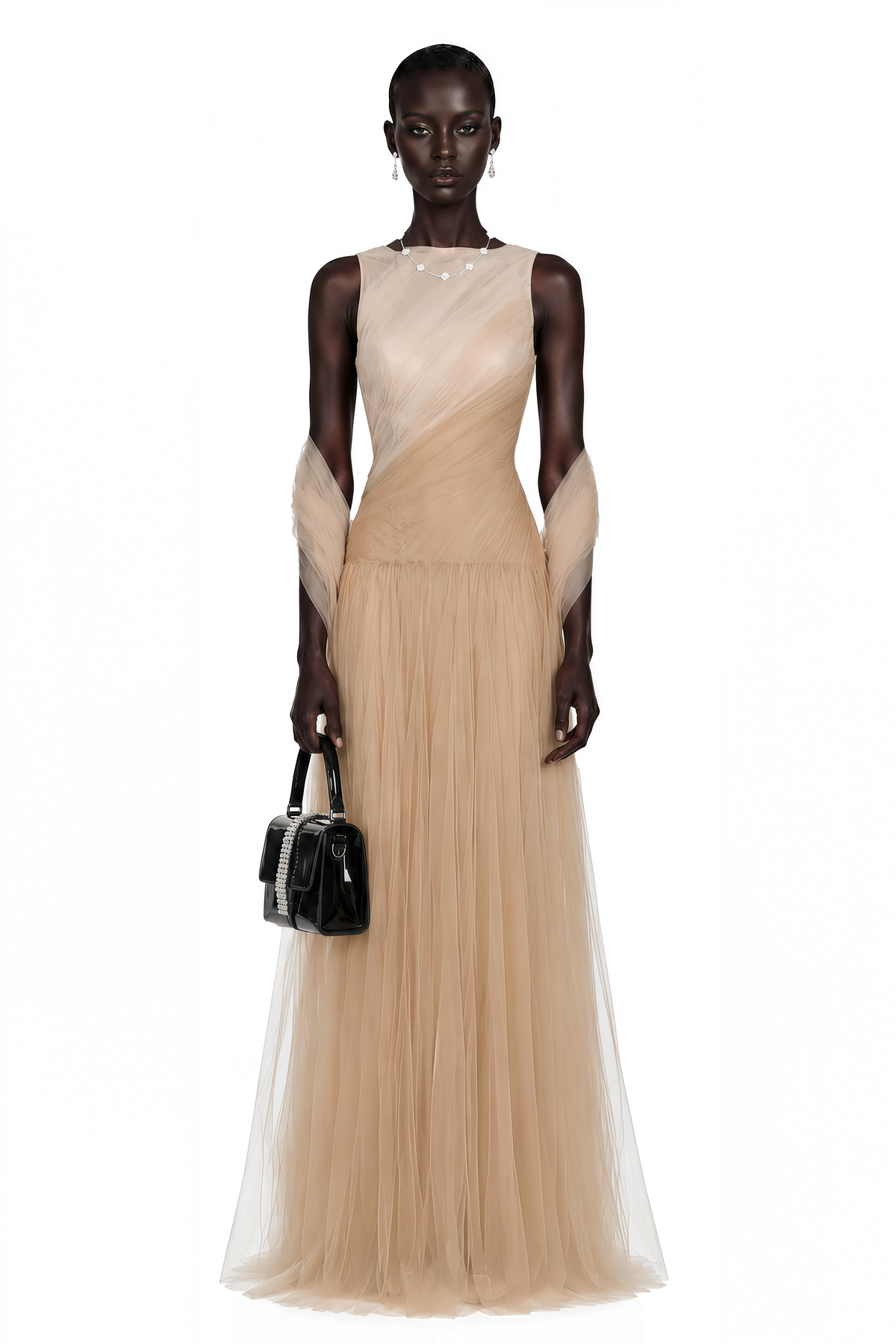 Larissa Champagne Sleeveless Maxi Dress with Mesh Panels