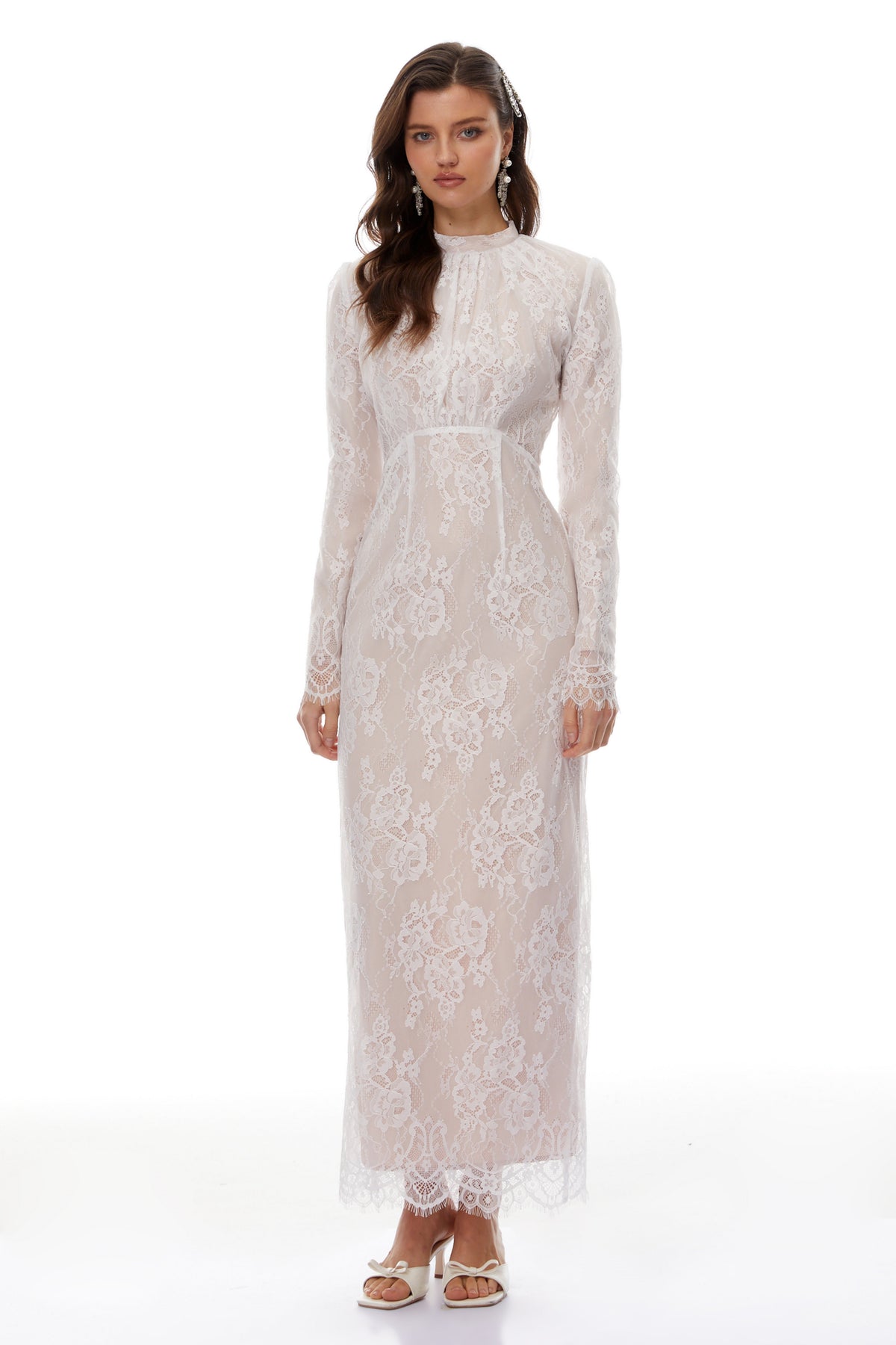 Leif White Mock Neck Lace Overlay Maxi Dress