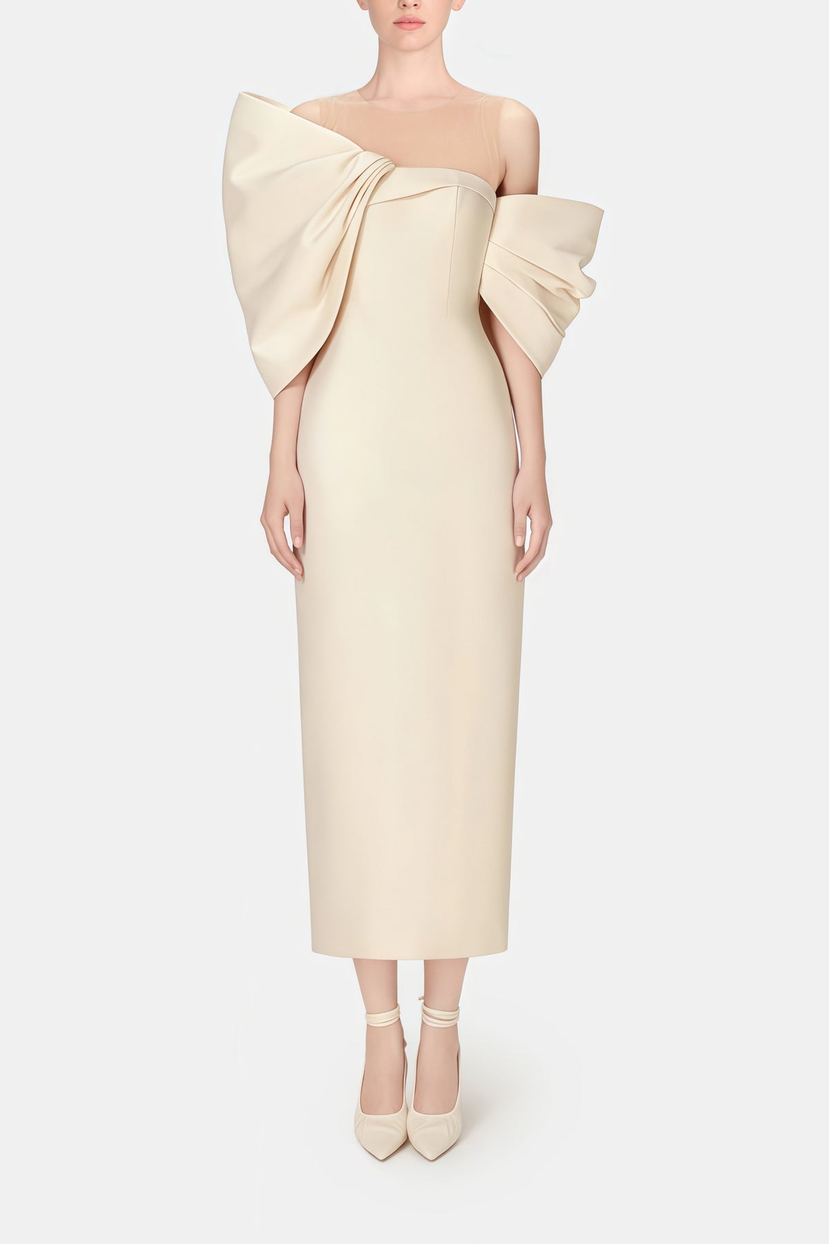 Leire Cream Midi Dress with Asymmetrical Bow Detail (Final Sale-US Only)