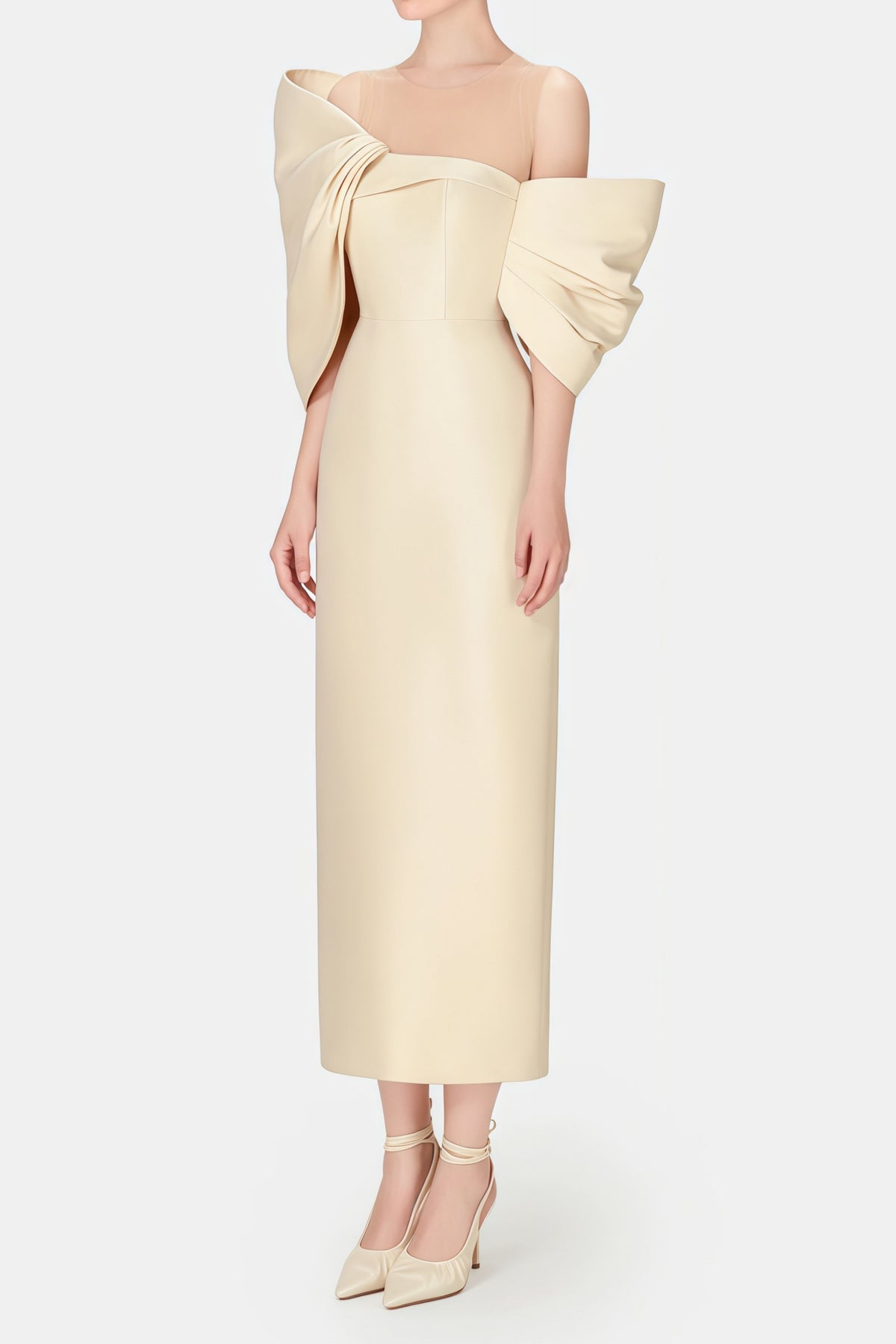 Leire Cream Midi Dress with Asymmetrical Bow Detail (Final Sale)