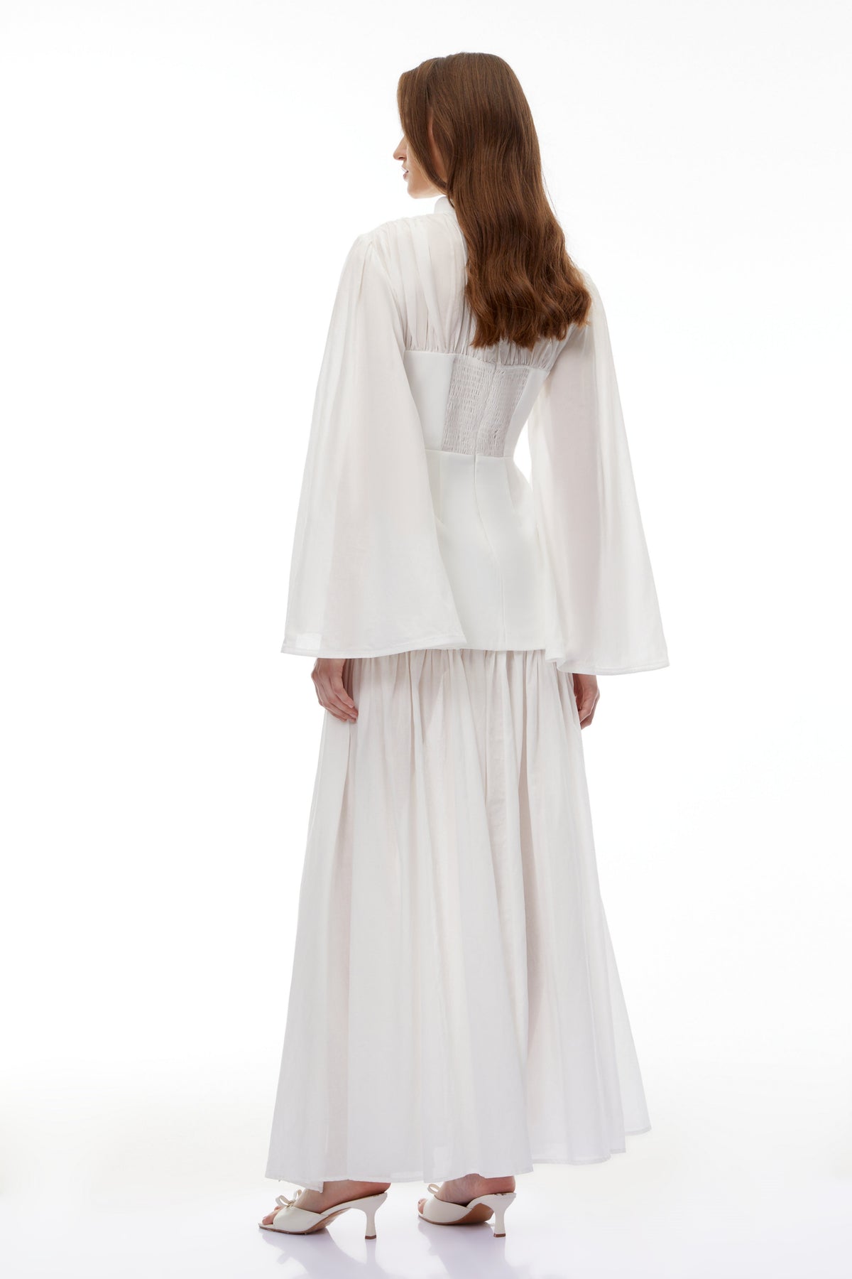 Lene White High Slit Ruched Maxi Dress