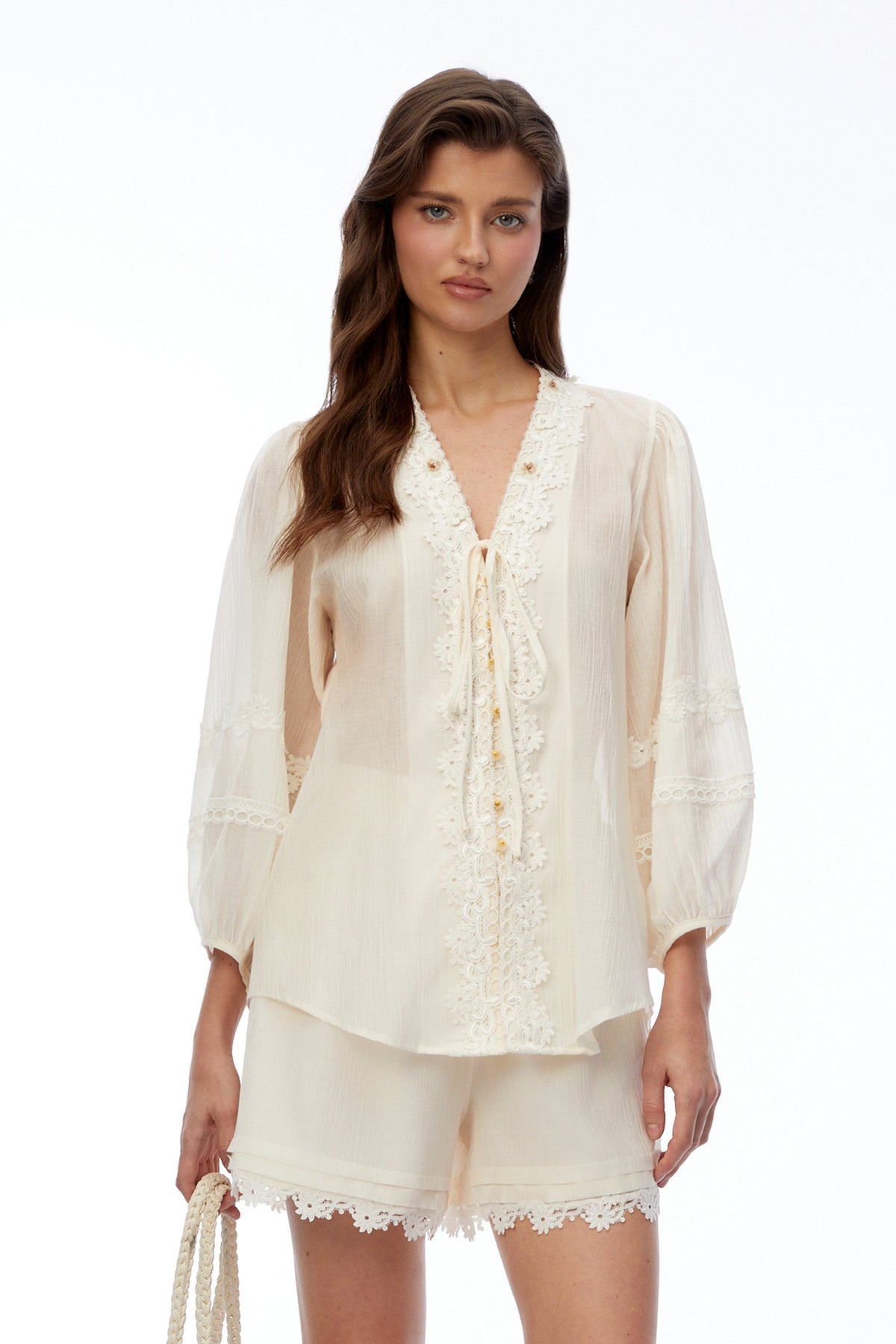Leonie Ivory V-Neck Blouse & Shorts Set with Floral Applique