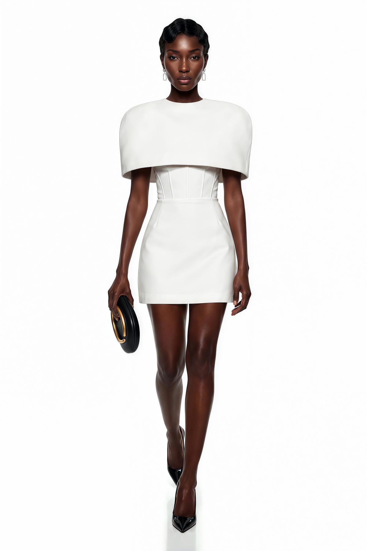 Leonora White Corset Mini Dress Set with Structured Cape
