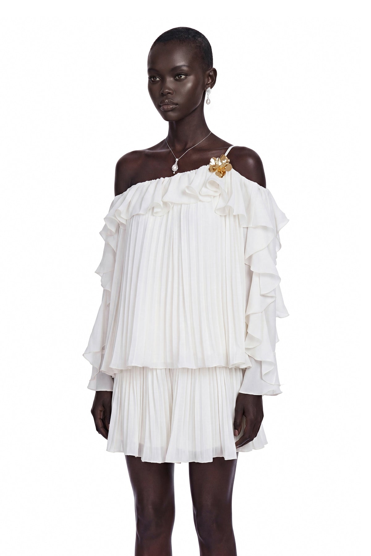 Lesley White Off-Shoulder Ruffled Pleated Top & Skirt Set