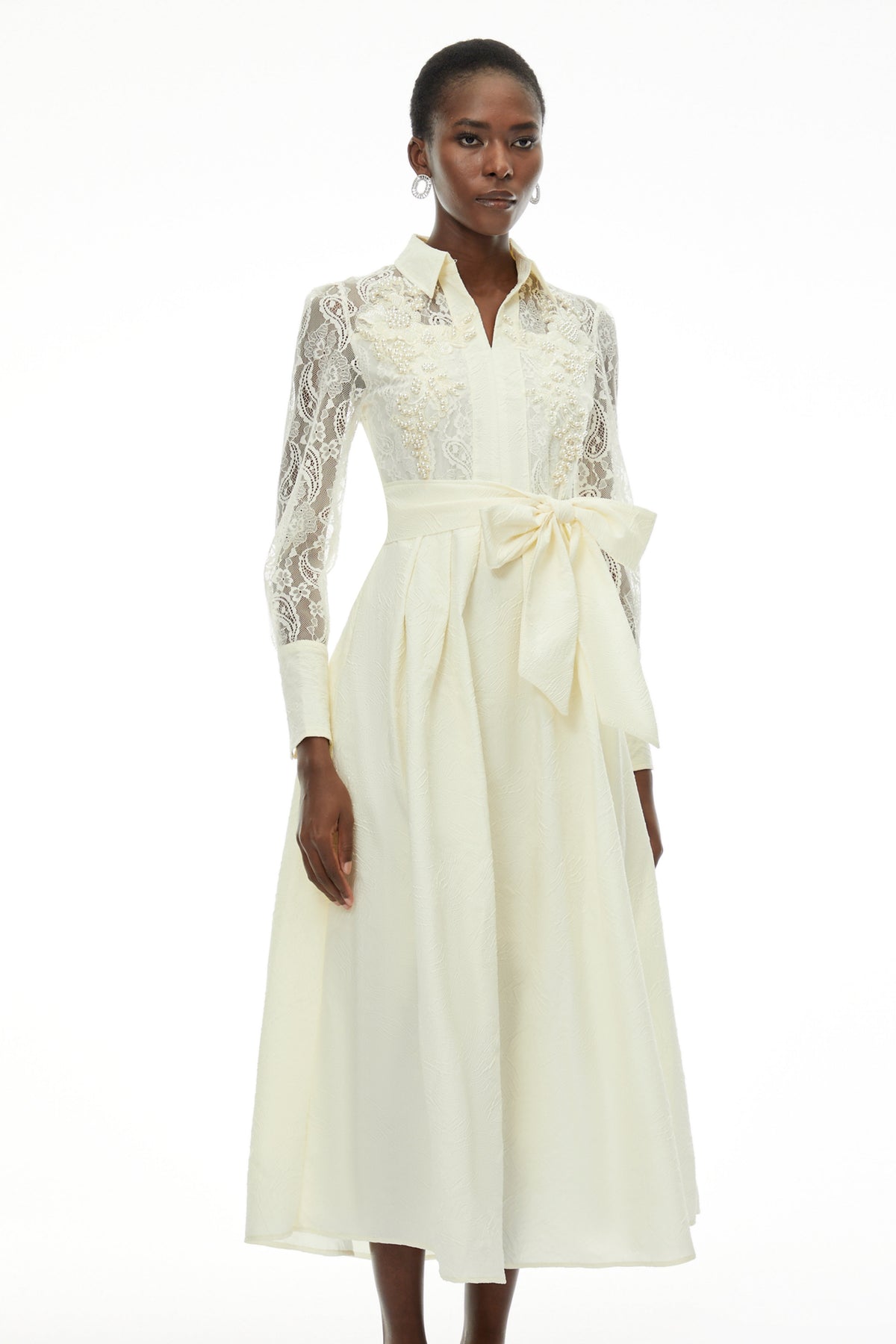 Lilliana Cream Lace Maxi Dress with Lapel Collar