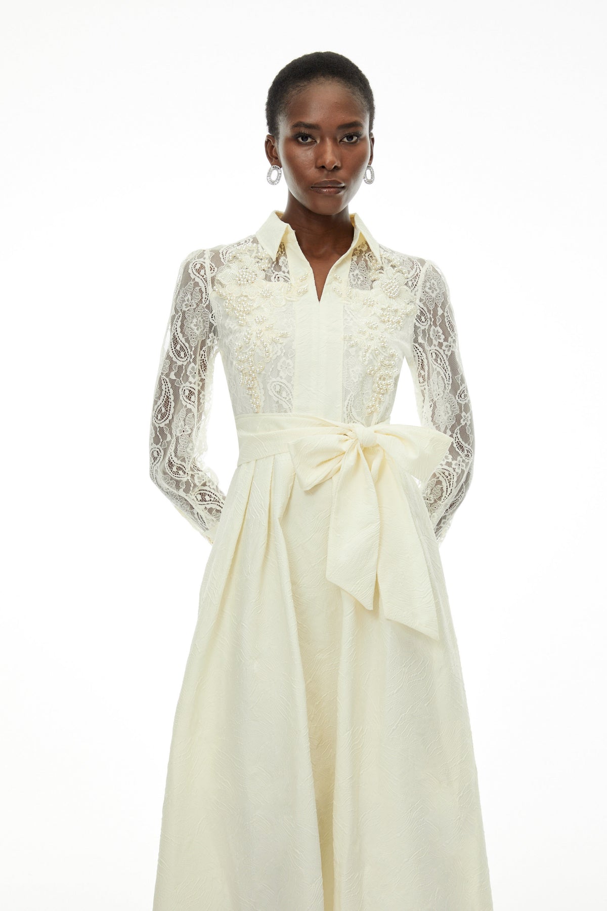 Lilliana Cream Lace Maxi Dress with Lapel Collar