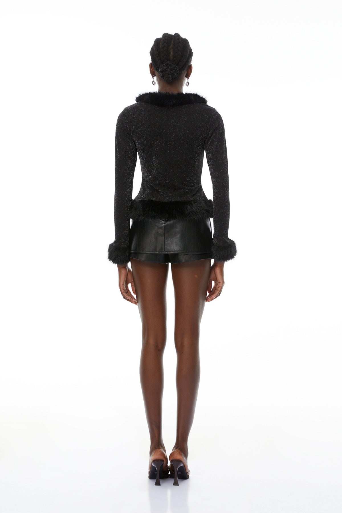 Lindsay Black Fur Trim Sheer Glitter Top