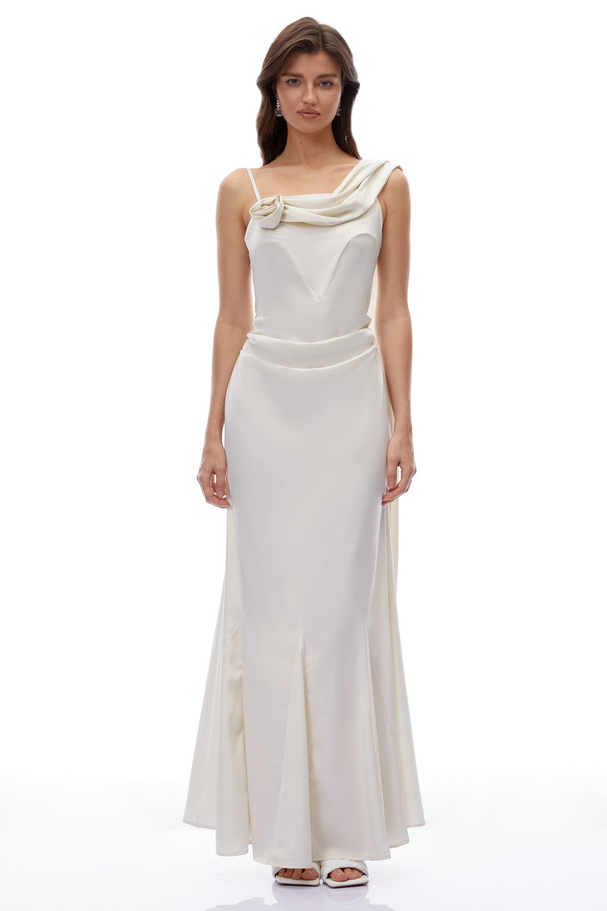 Lisa White One Shoulder Ruched Maxi Dress with 3D Florals