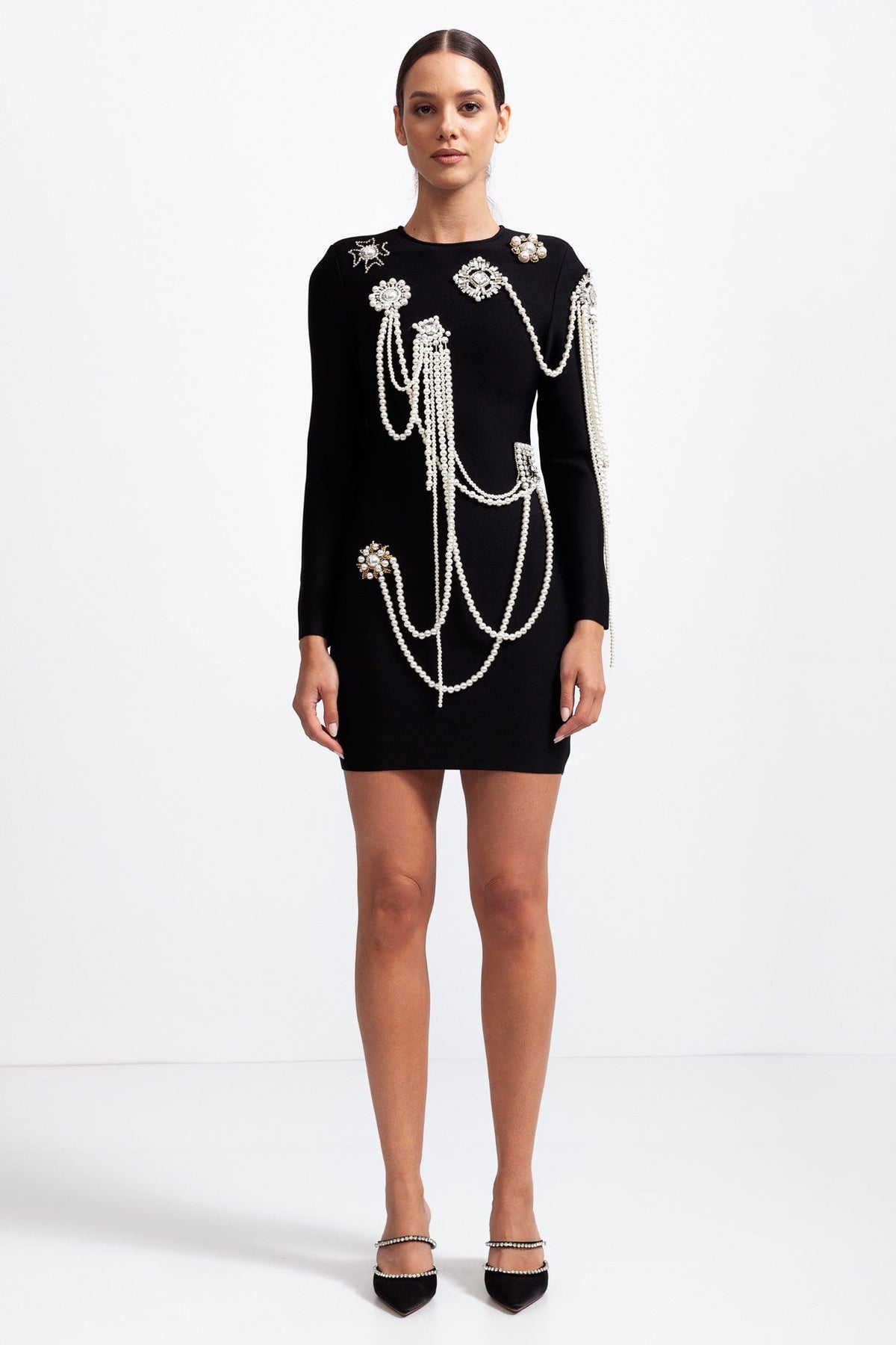 CECILE Long Sleeve Diamond Pearls Mini Dress - Black
