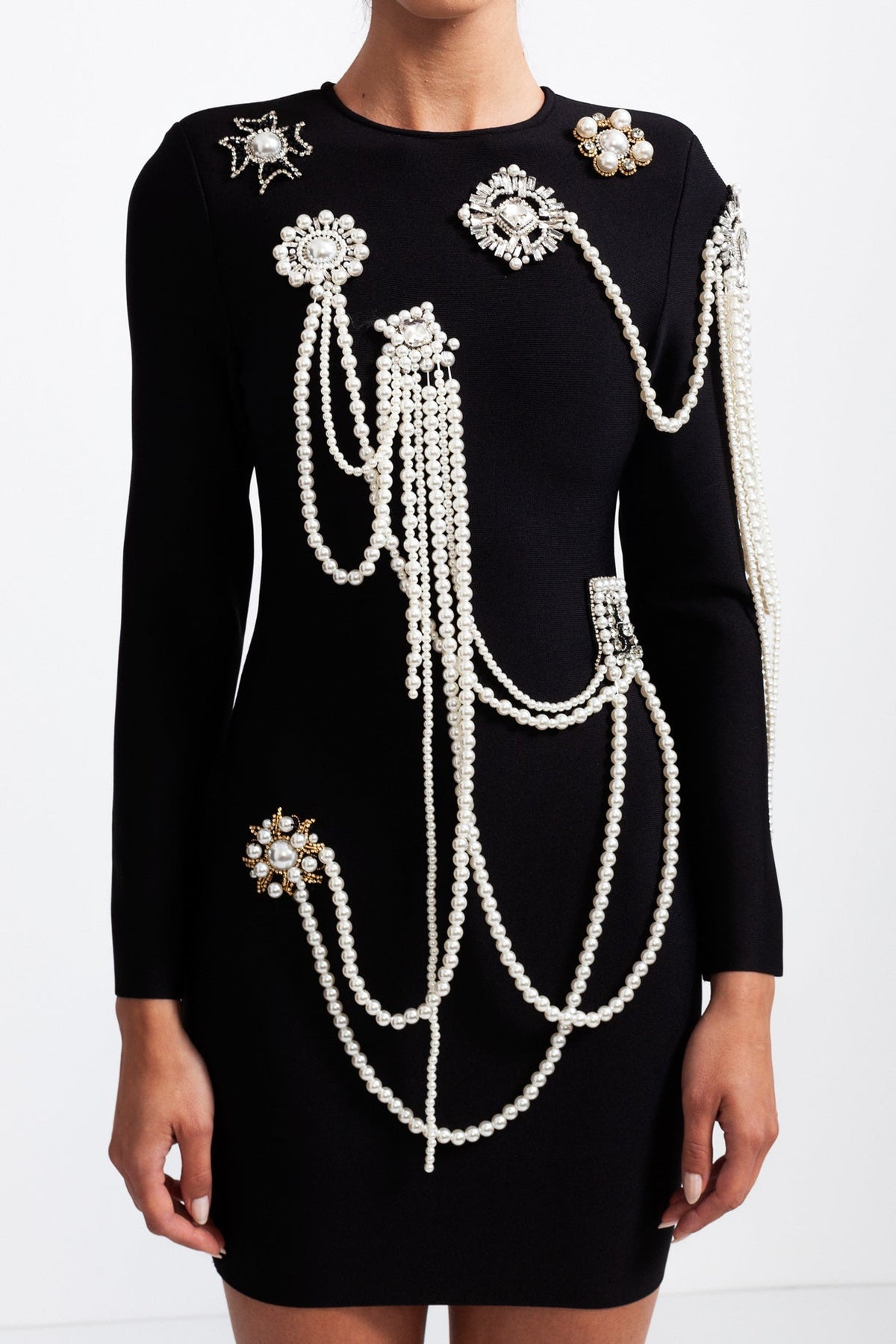 CECILE Long Sleeve Diamond Pearls Mini Dress - Black