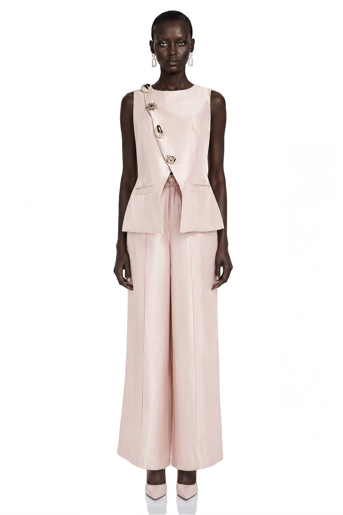 Lorraine Pink Tailored Vest & Trousers Set with Metal Brooch
