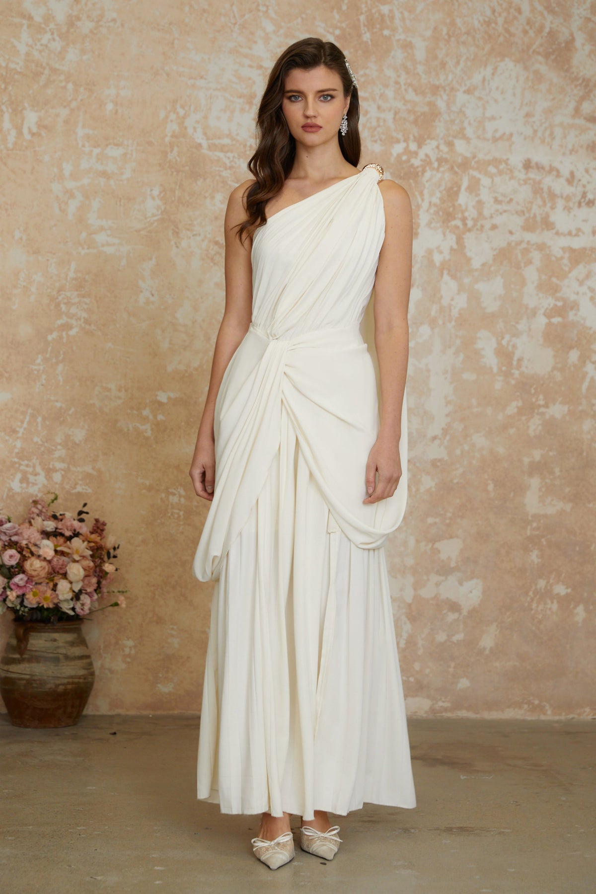 Lyric White Twist High Slit Ruched Maxi Dress