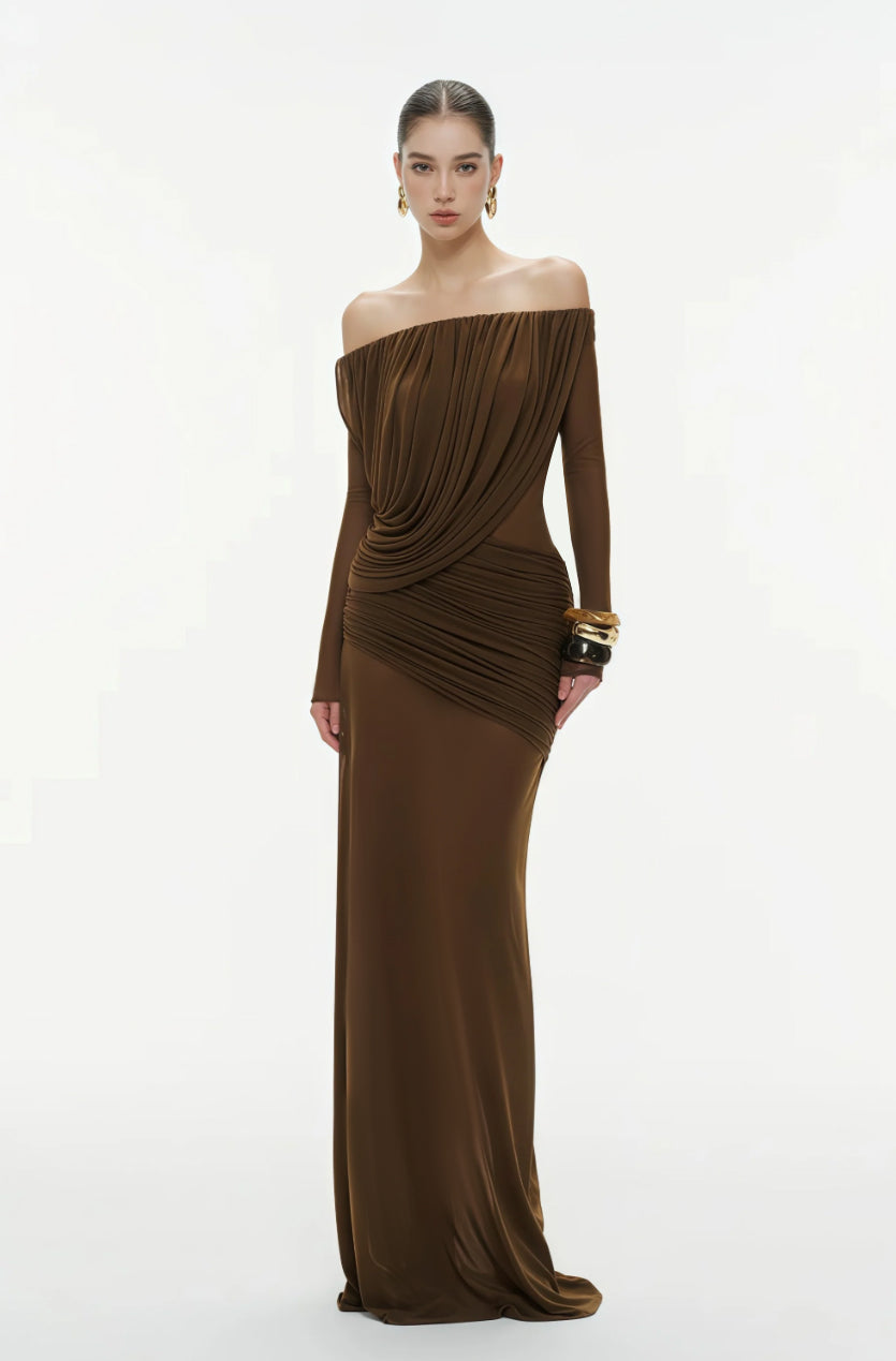 Zenobia Brown Asymmetrical Draped Mesh Maxi Dress (Final Sale-US Only)
