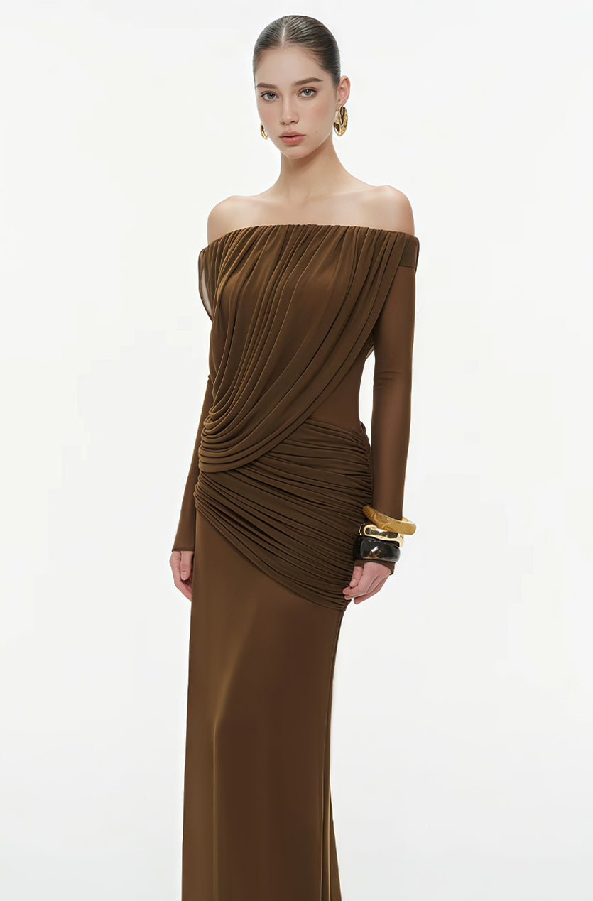 Zenobia Brown Asymmetrical Draped Mesh Maxi Dress (Final Sale-US Only)