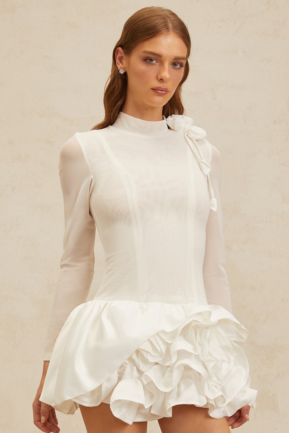 Léonor White 3D Petal Puff Mini Dress