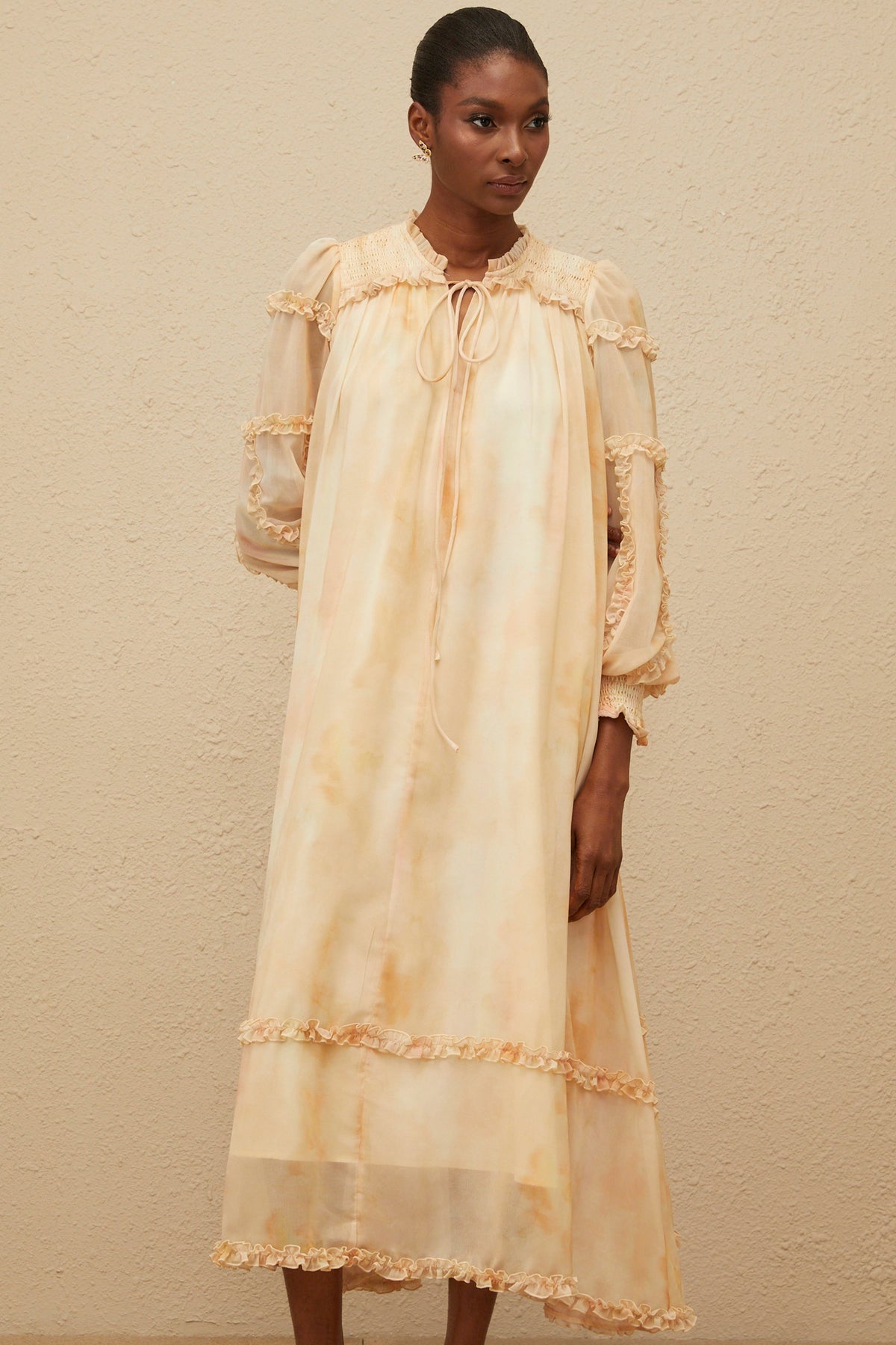 Lecollet Beige Ruffled Tie-Dye Midi Dress