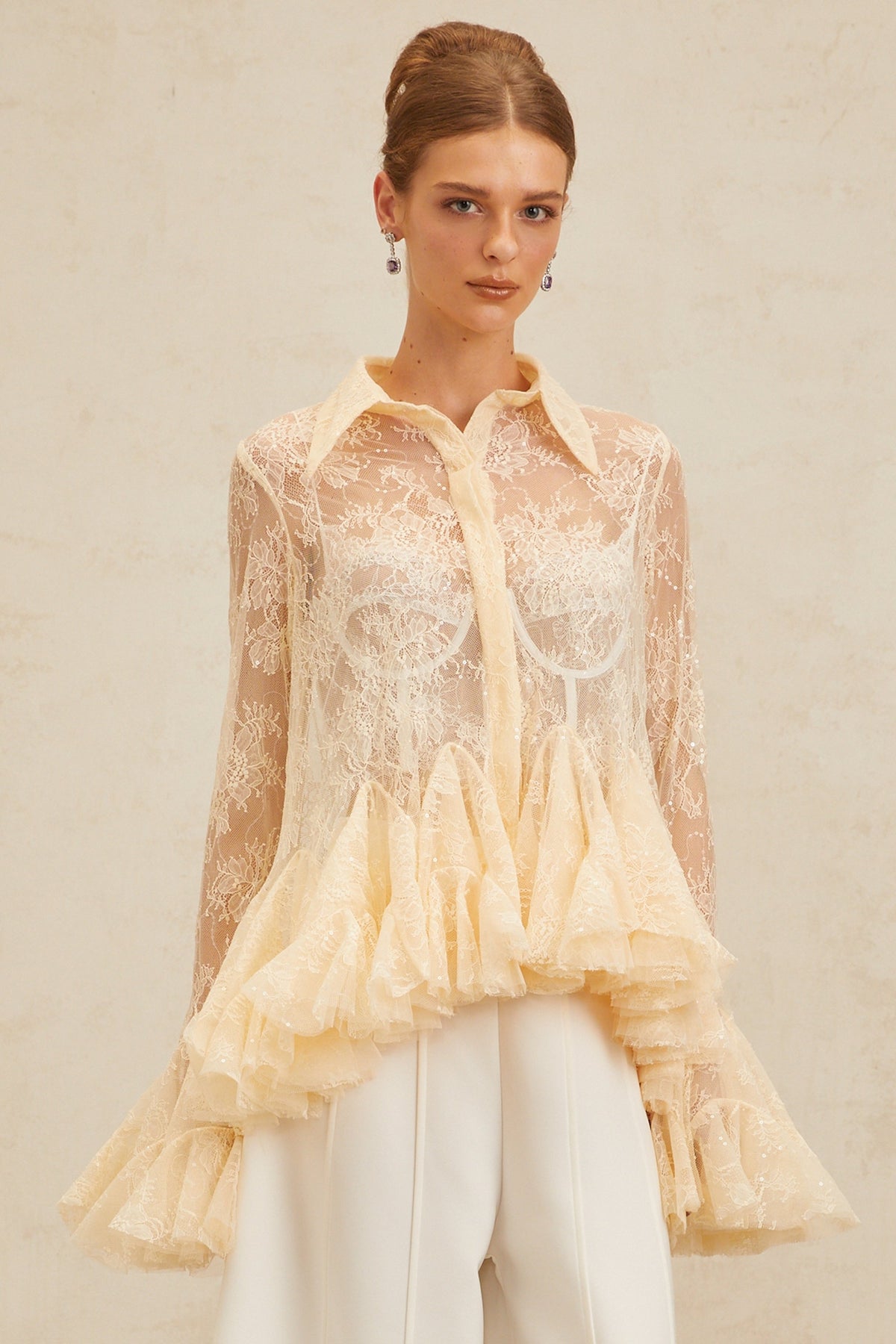 Ingrid Neutral Peplum Floral Lace Blouse