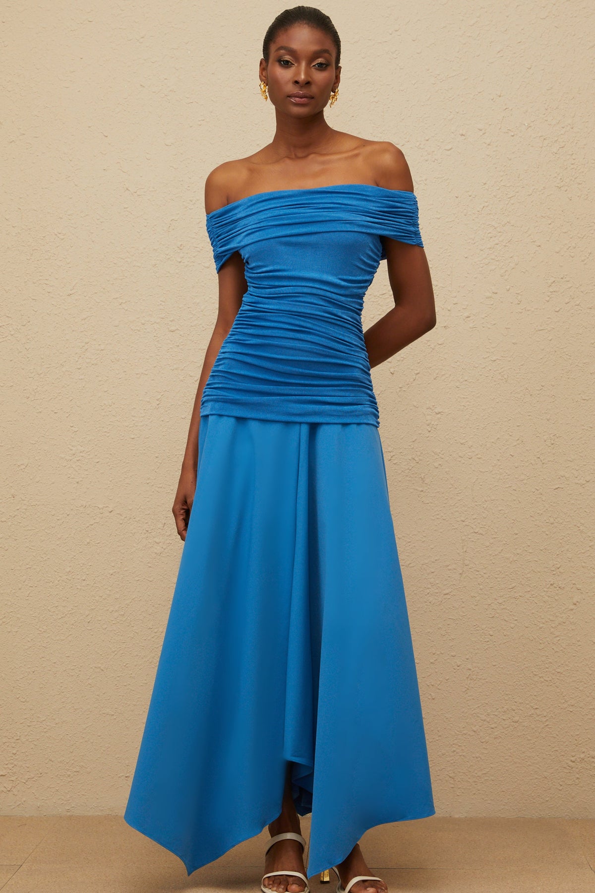 Amélie Blue Off-Shoulder Ruched Maxi Dress (Final Sale)
