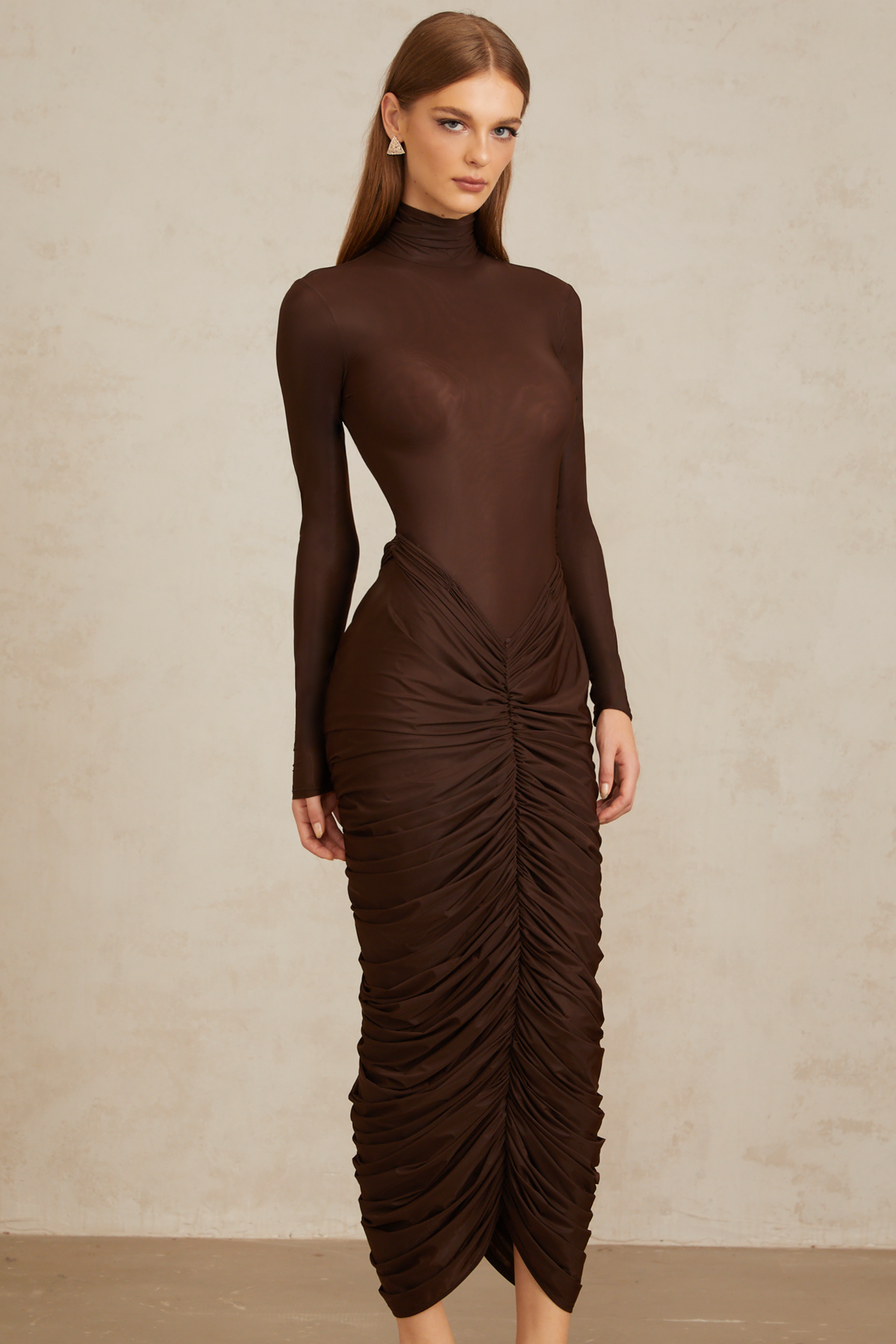 Charitina Brown Fitted Ruched Midi Dress