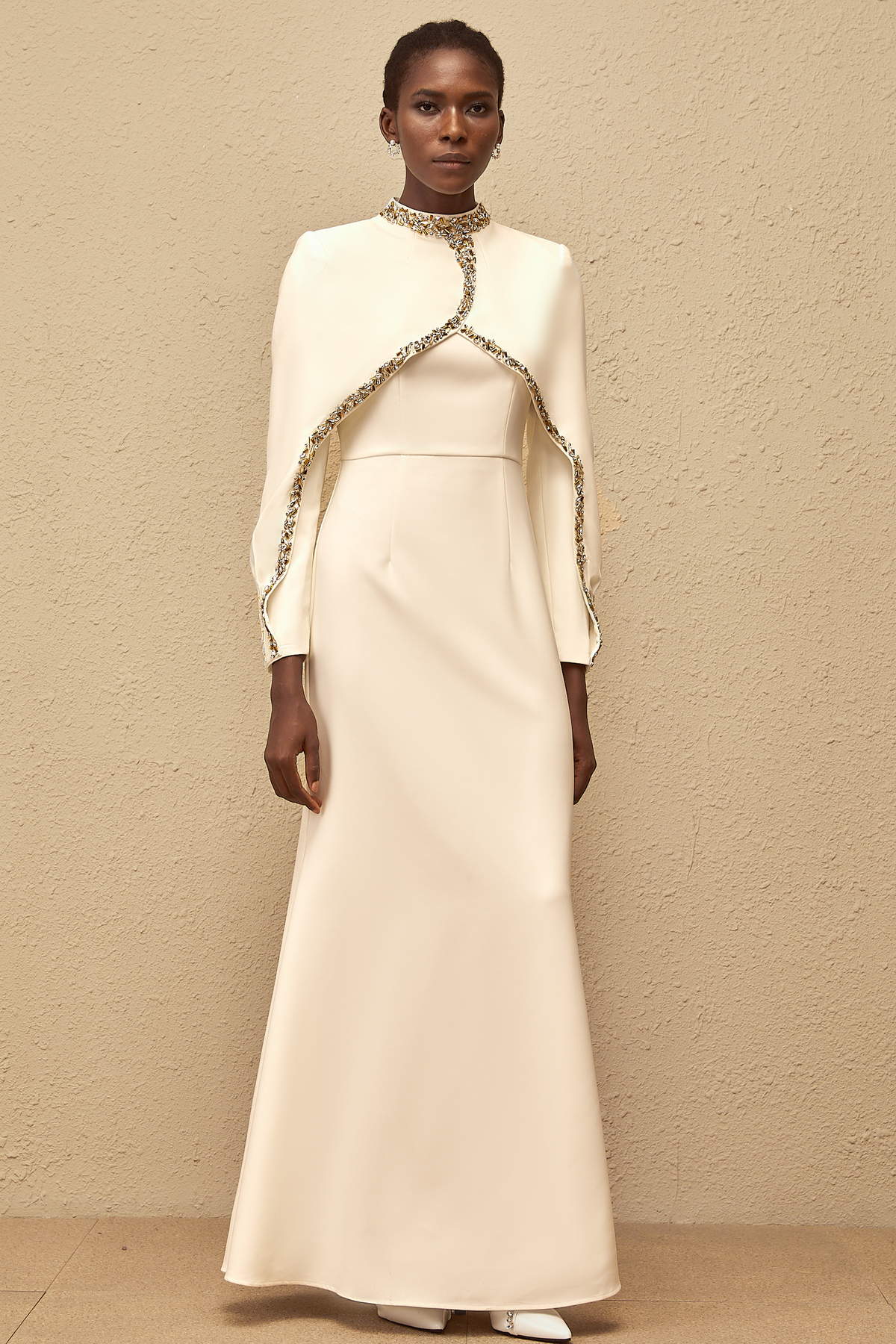 Lune White Embellished Shawl Design Gown