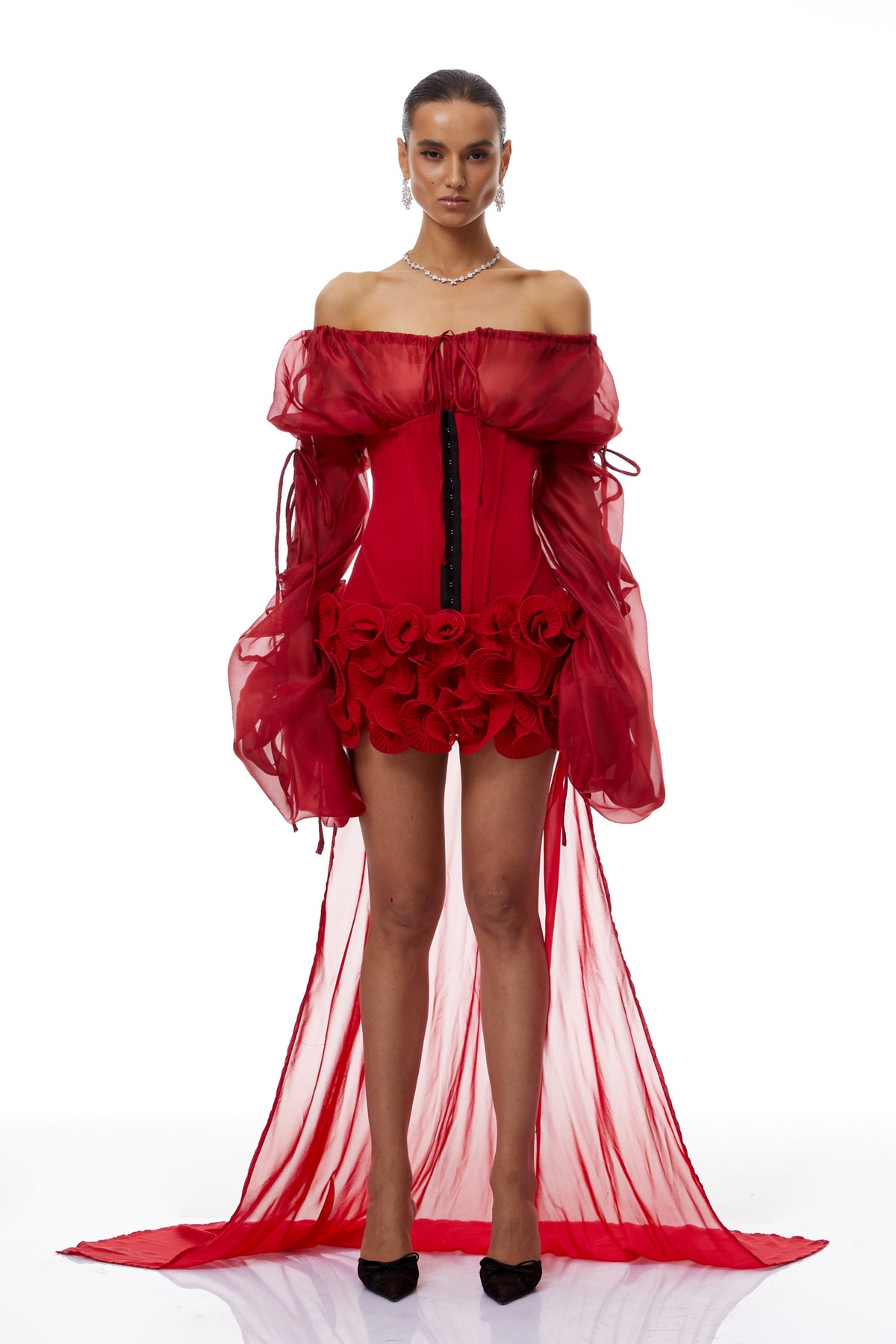 Léonie Red Train Ruffled Corset Mini Dress (Final Sale-US Only)