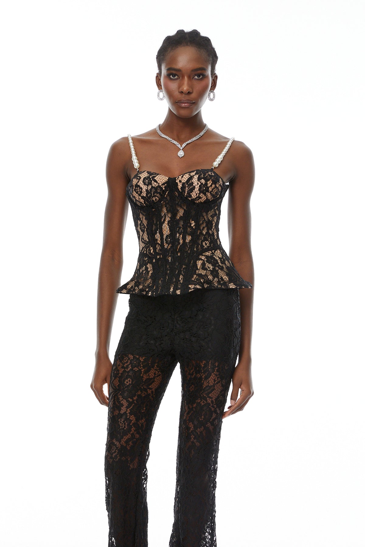 Védís Black Floral Lace Top & Trousers Set