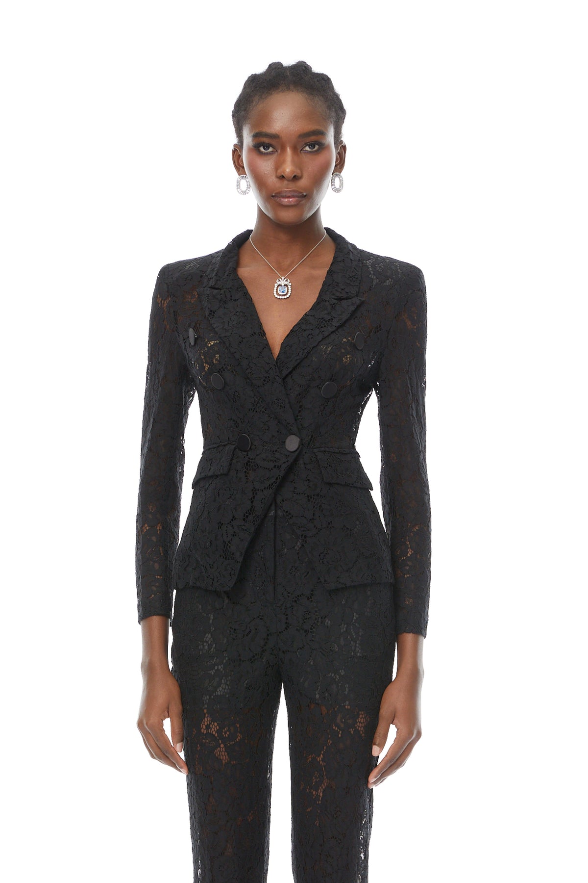 Zoé Black Sheer Lace Blazer & Trousers Matching Set