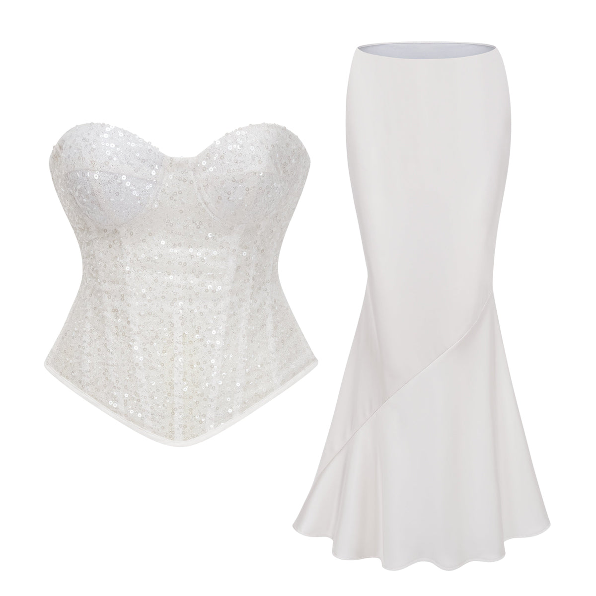 Zora White Sequin Corset Top & Satin Skirt Set (Final Sale)